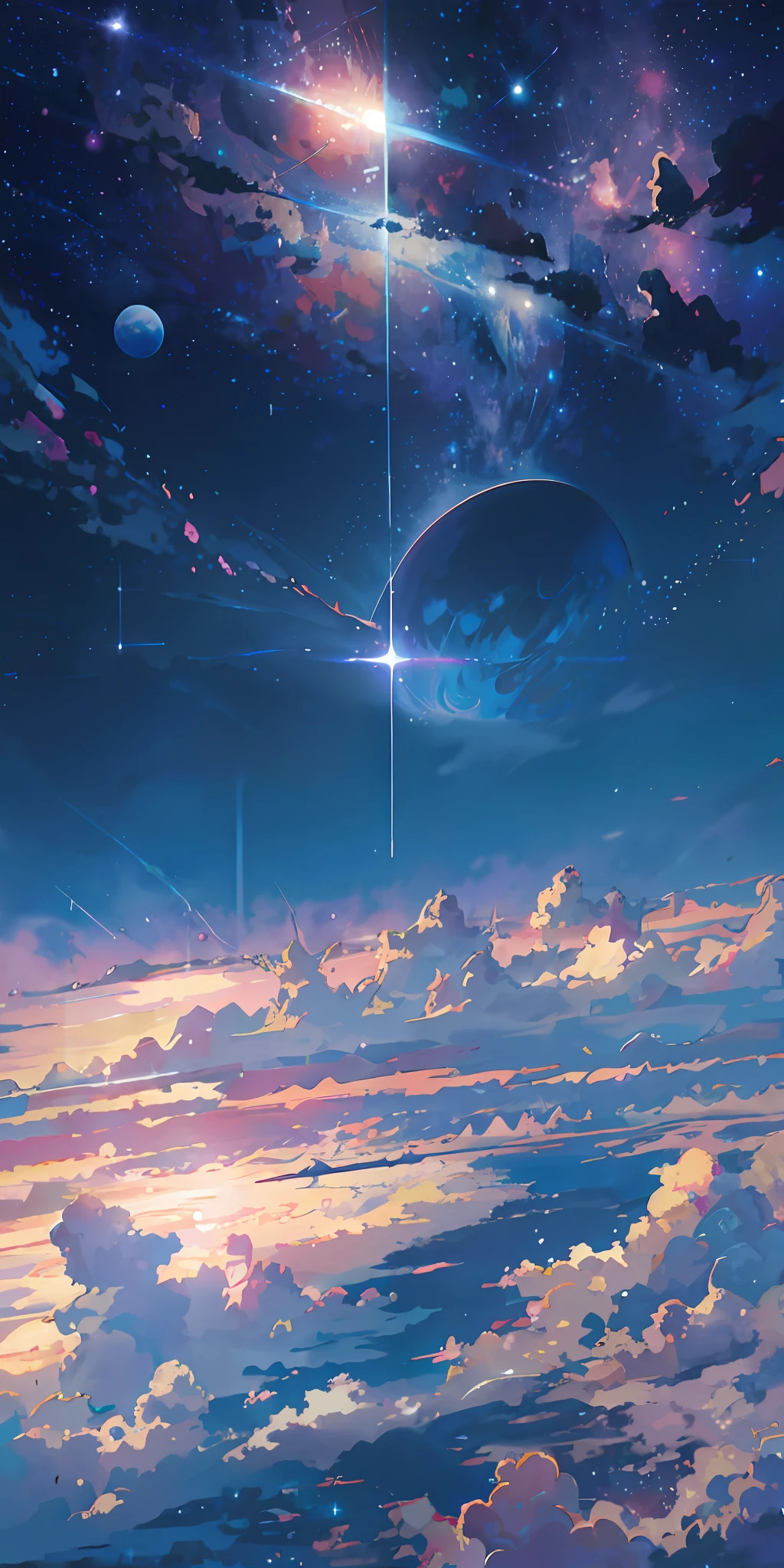 anime - style scene of a beautiful sky with a star and a planet, cosmic skies. by makoto shinkai, anime art wallpaper 4k, anime art wallpaper 4 k, anime art wallpaper 8 k, anime wallpaper 4k, anime wallpaper 4 k, 4k anime wallpaper, anime sky, amazing wallpaper, anime background, heaven planet in background, anime background art