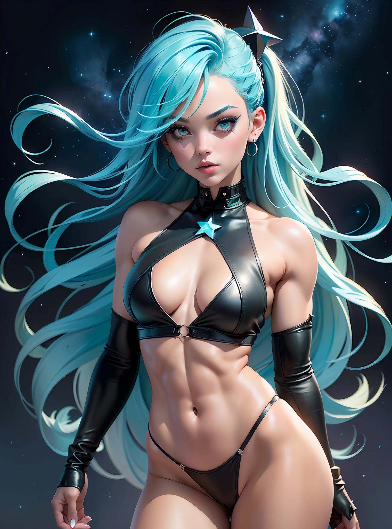 ((Best Quality)), ((Masterpiece)), ((Realistic)) and watercolor drawing  of a girl with goth colors. She has ((turquoise hair)), wears a (small black micro-thong:star motif ) , ((beautiful and aesthetic)), muscular fit body abs, sexy, under-boobs, hot, (star filled sky background) (clear background:1.35), (particles ,firefly, blue glowing):1.3,