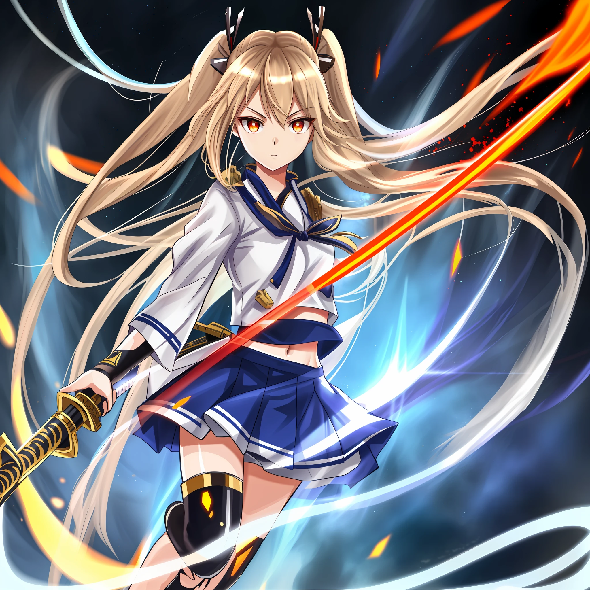 1 girl, solo, Ayanami from Azur Lane, katana in hand, katana, swinging sword, torn clothes, masterpiece, best quality, detailed eyes, sparkling eyes, beautiful hands, highly detailed hands, straight hands, shiny skin, shiny hair, light blonde hair, long hair, straight hair, reddish orange eyes. full body, best quality, shiny skin, shiny hair, sweaty, blue samurai armor, small breasts, midriff, standing, blue sky,