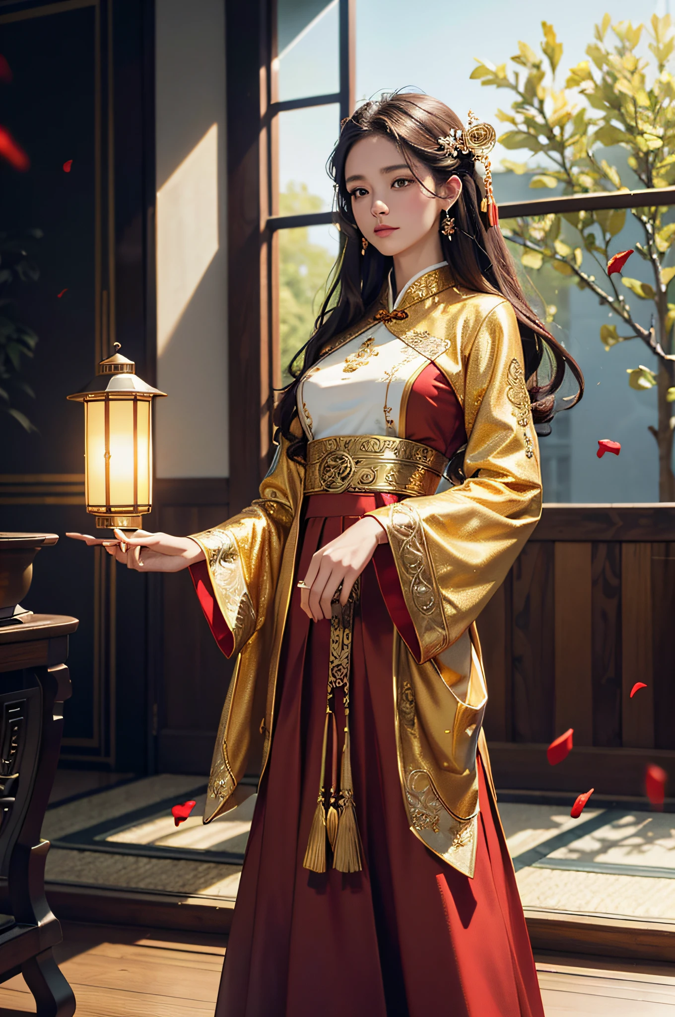 best quality, masterpiece, highres, (exquisite body:1.5),gorgeous face,(milky skin:1.3),intricate details,high resolution,wallpaper,
1girl, solo, dress, hair ornament, (((gold and red dress))), flowers, long hair, brown hair, closed mouth, jewelry, long sleeves, hand up, wide sleeves, big eyes,floating hair, chinese clothes, hanfu, embroidery, long skirt, natural pose, falling petals, indoor,fanning, lantern,
16K,HDR,highres,depth field,(film grain:1.1),boken,golden hour,(lens flare),vignette,rainbowing,(color grading:1.5)