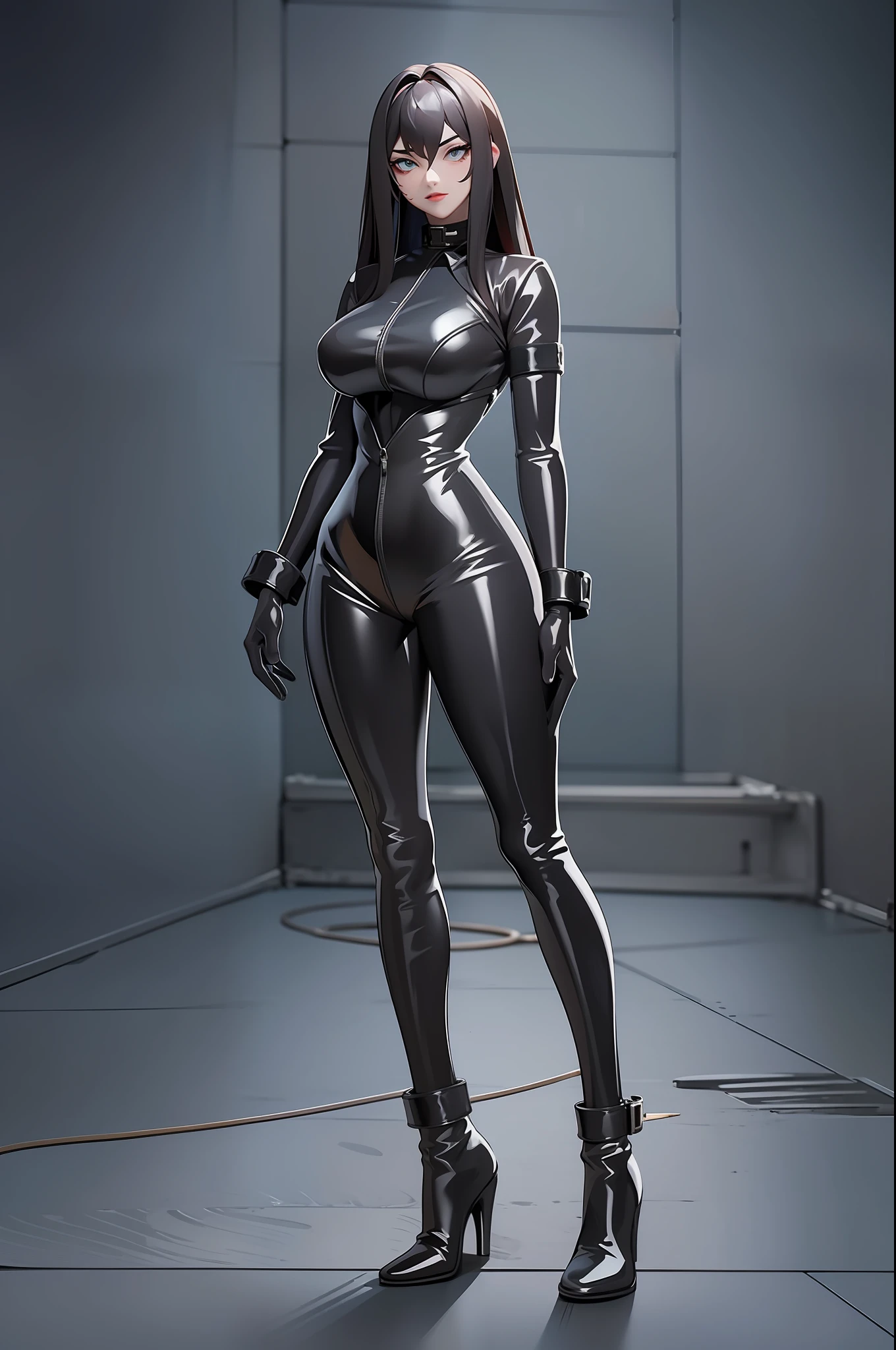 full body picture Unreal Engine 5 8K UHD of beautiful women, wearing tight latex catsuit covered whole body, latex neck mask, latex collar, corset, latex body harness and straps, arm and leg cuffs, blindfold, latex long glove, best quality, masterpiece