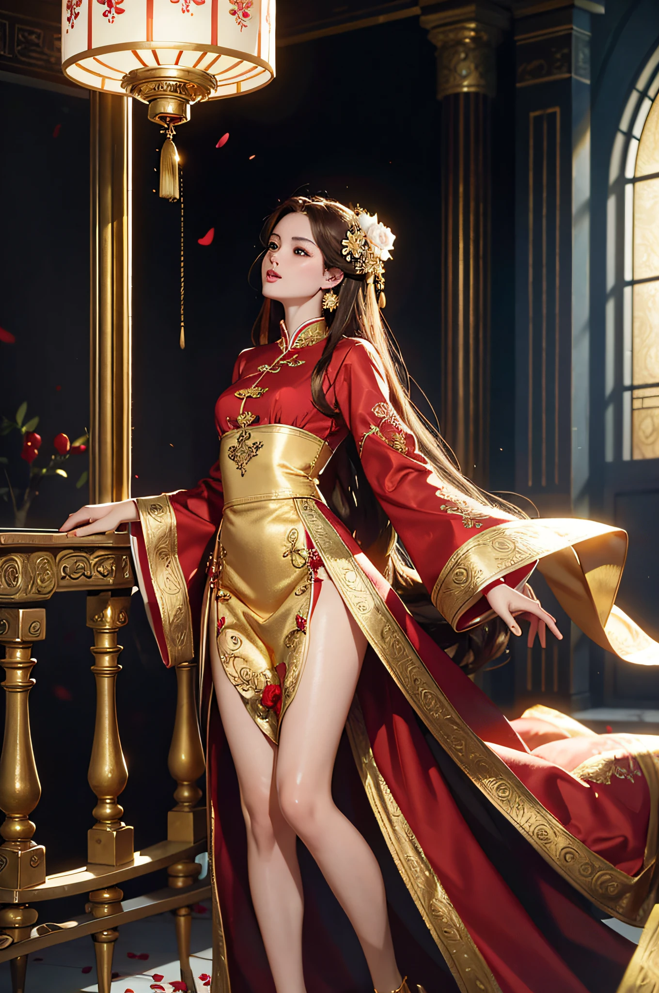 best quality, masterpiece, highres, (exquisite body:1.5),gorgeous face,(milky skin:1.3),intricate details,high resolution,wallpaper,
1girl, solo, dress, hair ornament, (((gold and red dress))), flowers, long hair, brown hair, closed mouth, jewelry, long sleeves, hand up, wide sleeves, big eyes,floating hair, chinese clothes, hanfu, embroidery, long skirt, natural pose, falling petals, indoor,fanning, lantern,
16K,HDR,highres,depth field,(film grain:1.1),boken,golden hour,(lens flare),vignette,rainbowing,(color grading:1.5)