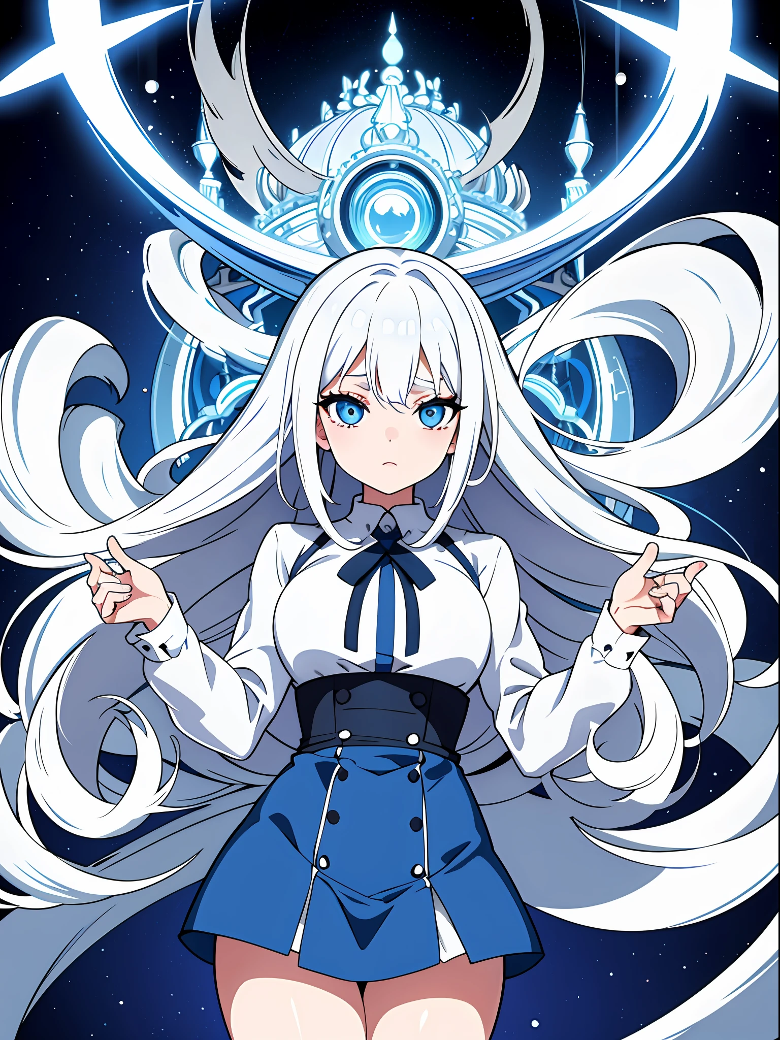 High Quality, Resolution Max, Masterpiece, White Hair, Light Blue Eyes, Big Eyes, Long Eyelashes, Sex, Miniskirt