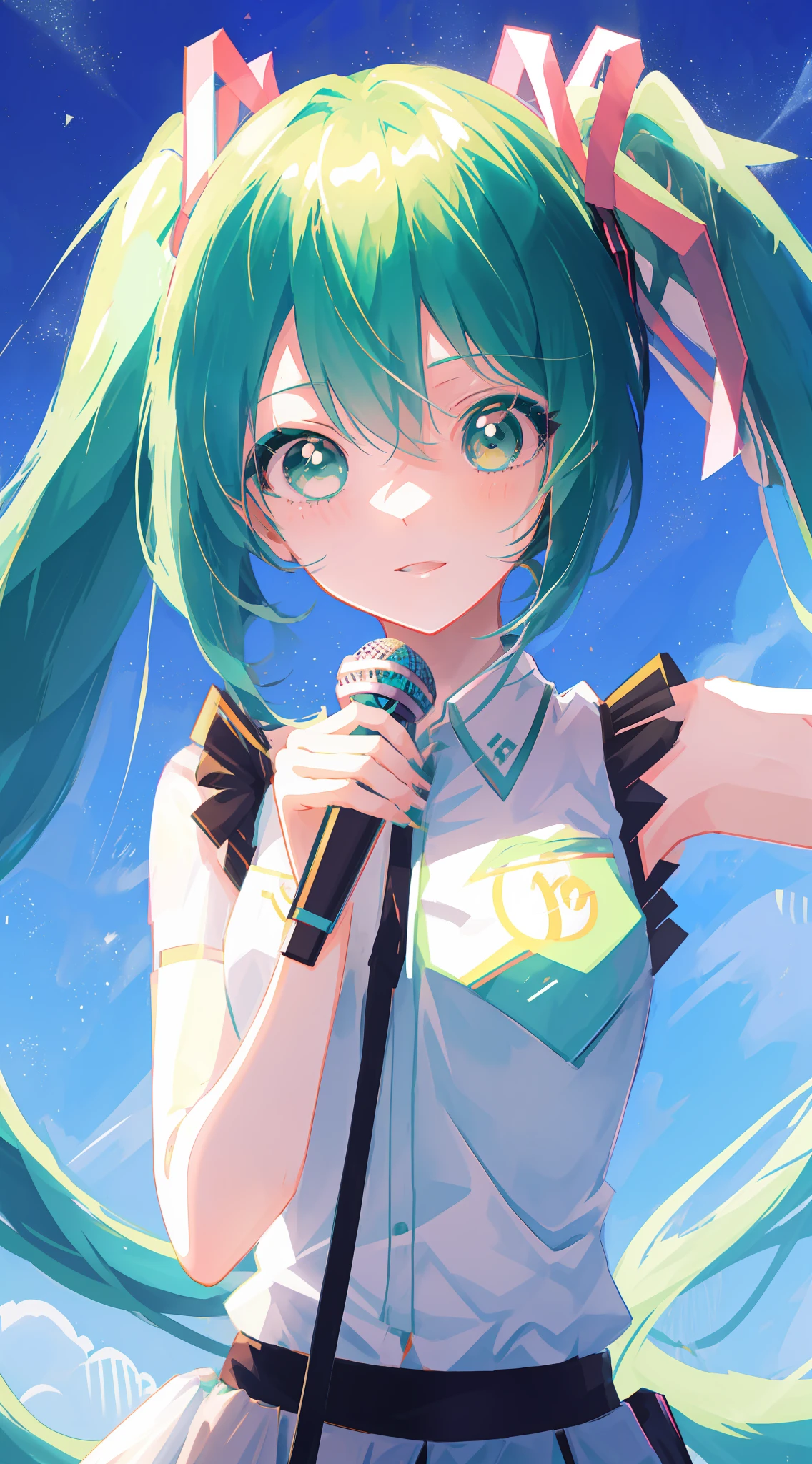 anime girl with green hair and a microphone in her hand, mikudayo, vocaloid, portrait of hatsune miku, hatsune miku short hair, hatsune miku portrait, miku, hatsune miku, nightcore, anime girl with teal hair, hatsune miku face, anime style 4 k, anime moe artstyle, official artwork, rin, hd artwork