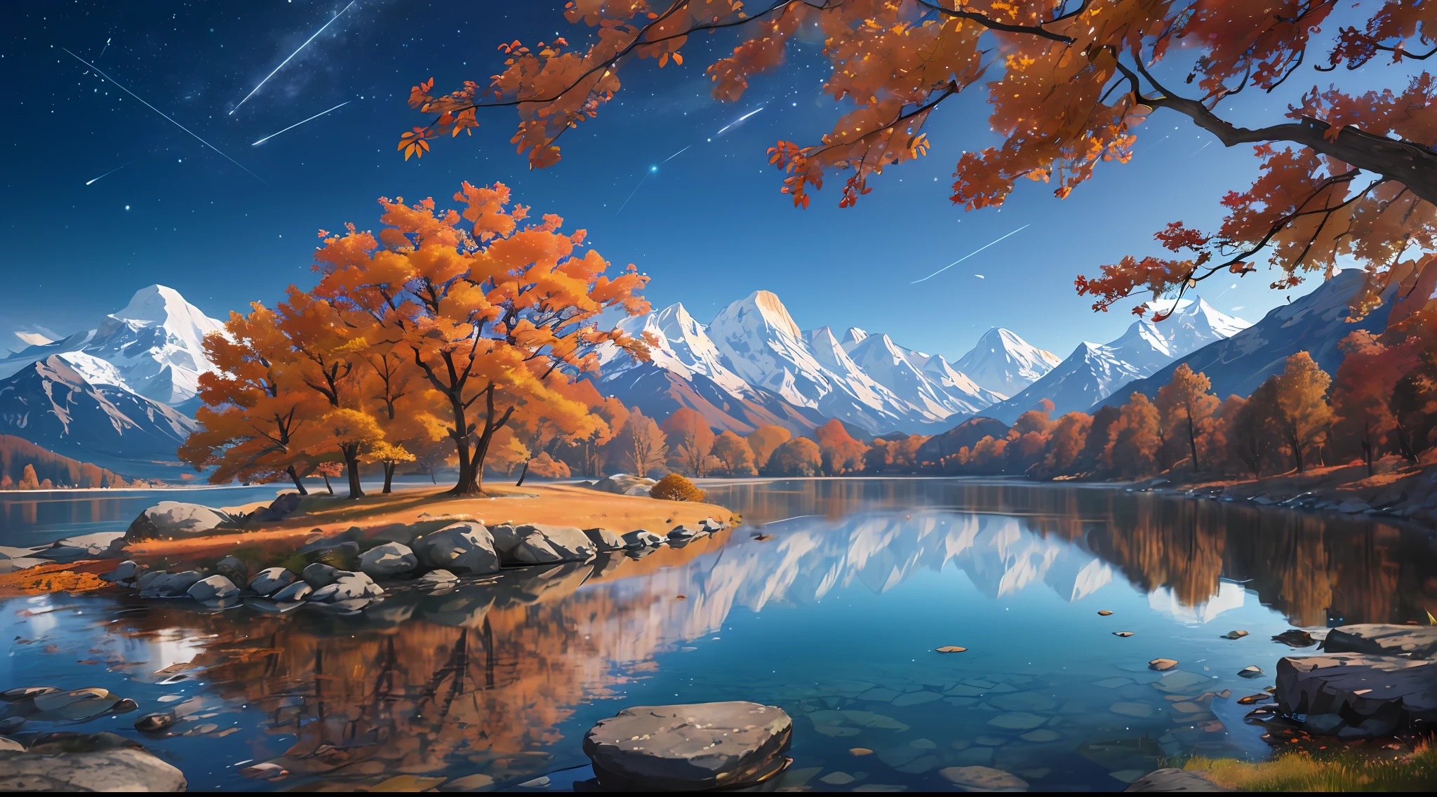 Beautiful art UHD 8K, highly detailed digital art in 4K, rocks and trees in the foreground, lake view, photorealistic landscape, surreal mountains, Lucia Warren fantasy art, Max Live, beautiful digital artwork, autumn view, Alexander Kuchalsky