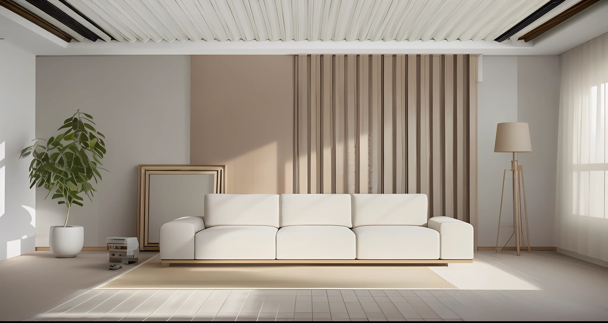 À la fed living room with white sofa and plants, 3d rendering style, wood panel, living room wall background, relaxing on modern sofa placed in large living room, beige and dark atmosphere, modern Japan living room, rendered in vray, living room interior, professional 3d rendering, brown and white color scheme, diagonally 30 degrees
