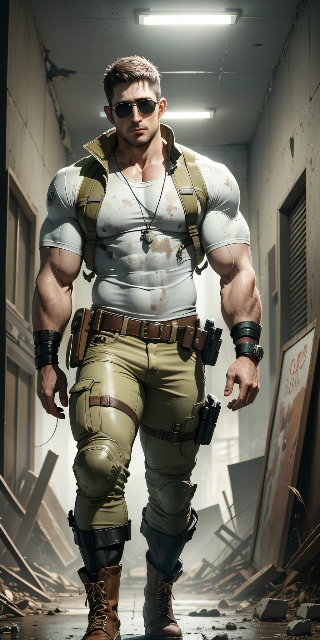 Movie poster, character design (Resident Evil - Chris Redfield, Chris Redfield) wearing a milky white combat uniform, standing alone in the ruins of the apocalypse, with a sad expression, muscular male hero, heroic male pose, tall and burly, muscular! Wearing sunglasses, sexy and charming body, tall and burly, creamy white combat suit, super buff and cool, high resolution committee, creamy white combat boots, attractive strong male, bright moonlight on the body, lonely