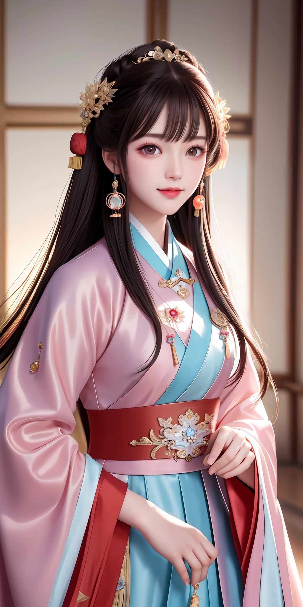 Excellent, Masterpiece, High Resolution, 1Girl, Blush, Beautiful and Handsome Face, Smile, Star Eyes, Chinese Hanfu, Red Xiuhe Costume, Hair Accessories, Necklace, Jewelry, Beauty, on_body, Tyndall Effect, Realistic, Shadow Room, Light Edge, Two-tone Lighting, (High Detail Skin: 1.2), 8K UHD, SLR, Soft Light, High Quality, Volume Lighting, Candid Photo, High Resolution, 4K, 8K, Background Blur