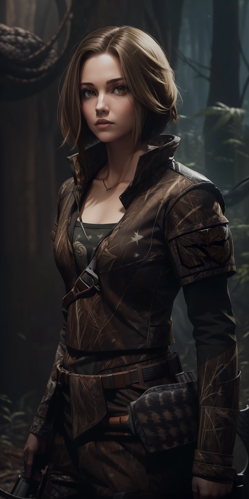 "(female hunter:1.4)+(short hair:1.3)+(hunter-specific clothing:1.2)"