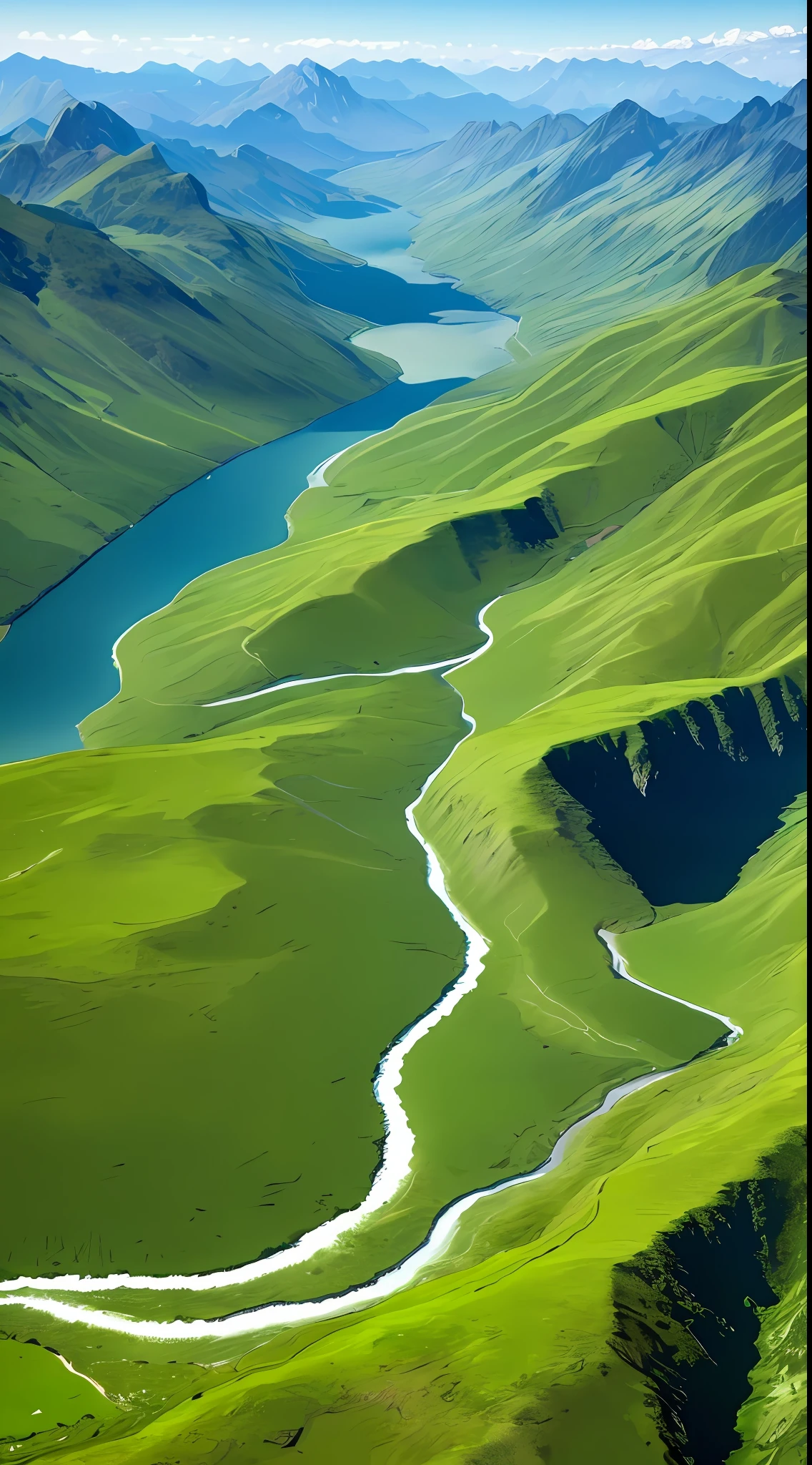 Vast and boundless, mountains and rivers magnificent, emerald green, windswept, clear streams, clear sky, full of life, high quality, UHD, 16k, highres