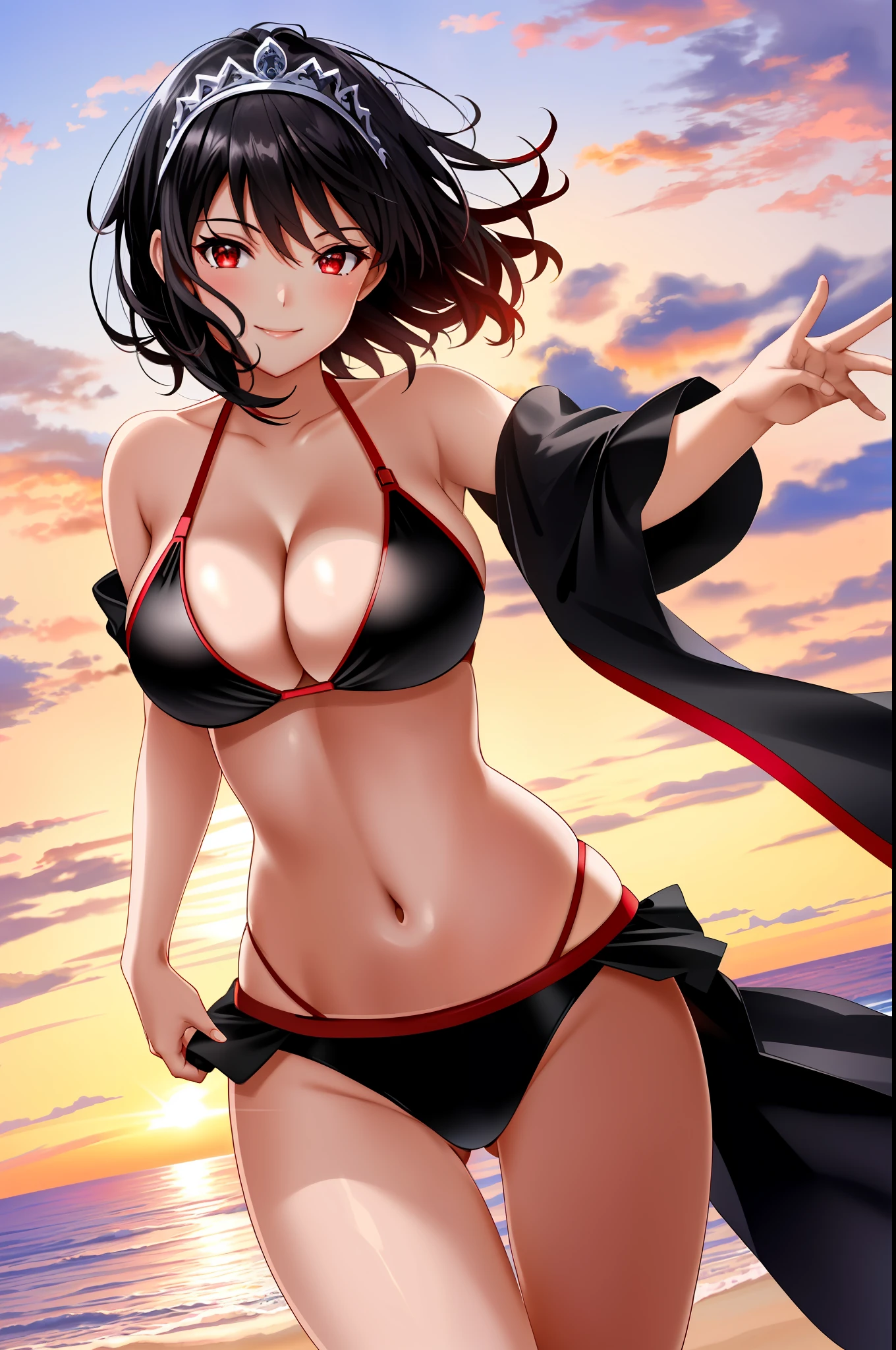 dynamic pose, smile, red eyes, glowing eyes, black hair, short cut, tiara, beautiful legs, long legs, wide buttocks, turn around, summer, red bikini, big, cleavage, accentuated ass, beach, beautiful sunset, studio quality, 8k, (photorealistic), (detail), transfer, colorful, 50mm