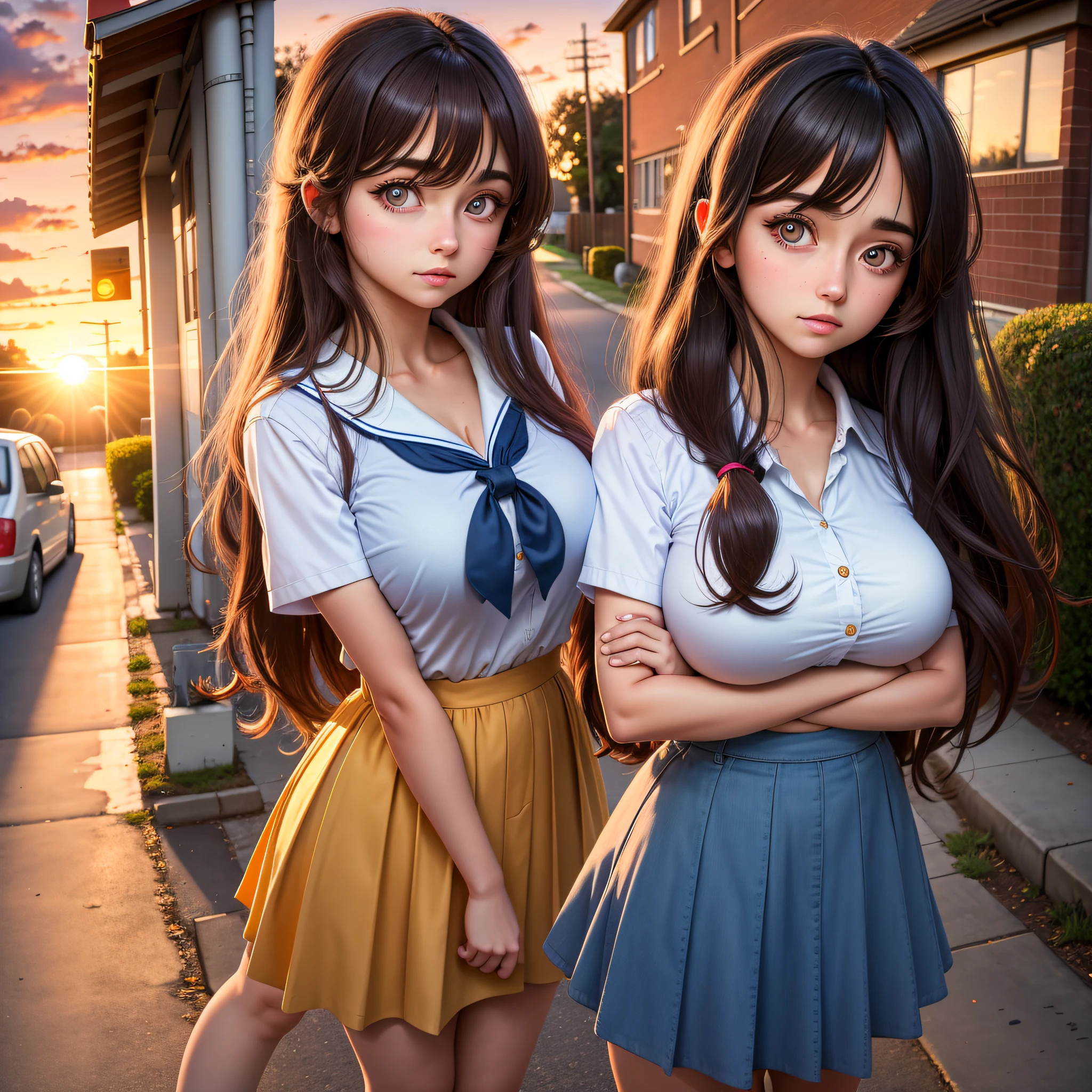 Big sister next door, big breasts, medium long hair, big eyes, high nose bridge, long eyelashes, HDR, 8K, country street, sunset, backlight, school clothes