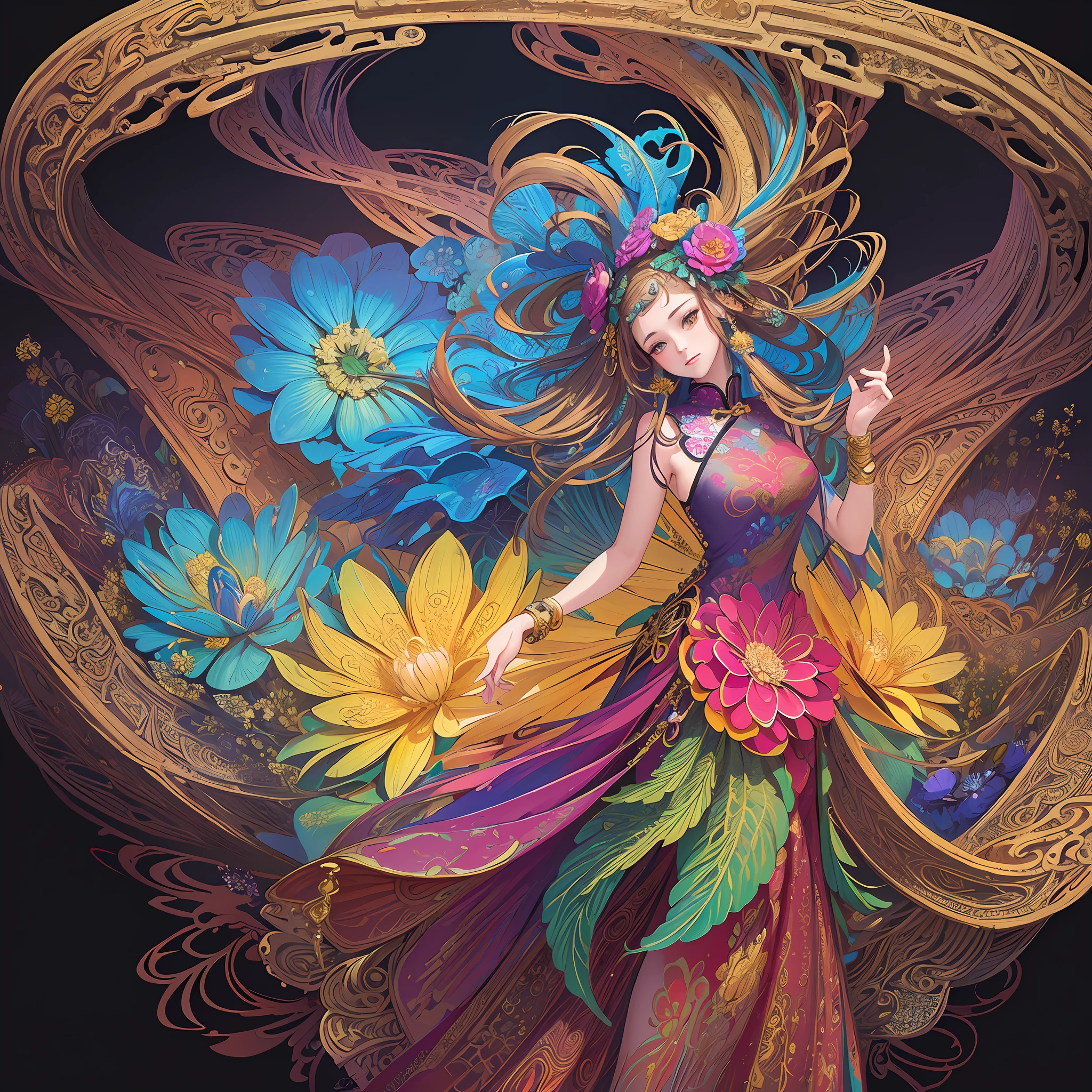 (masterpiece, top quality, best quality, official art, beautiful and aesthetic:1.2), (1girl:1.3), extremely detailed,(fractal art:1.1),(colorful:1.1)(flowers:1.3),highest detailed,(zentangle:1.2), (dynamic pose), (abstract background:1.3), (chinese dress:1.2), (shiny skin), (many colors:1.4), ,(earrings:1.4),
