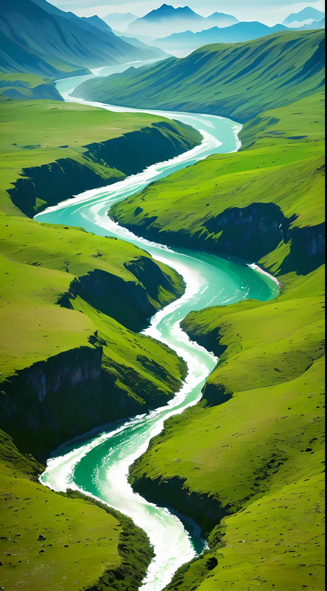 Vast and boundless, mountains and rivers magnificent, emerald green, windswept, clear streams, clear sky, full of life, high quality, UHD, 16k, highres
