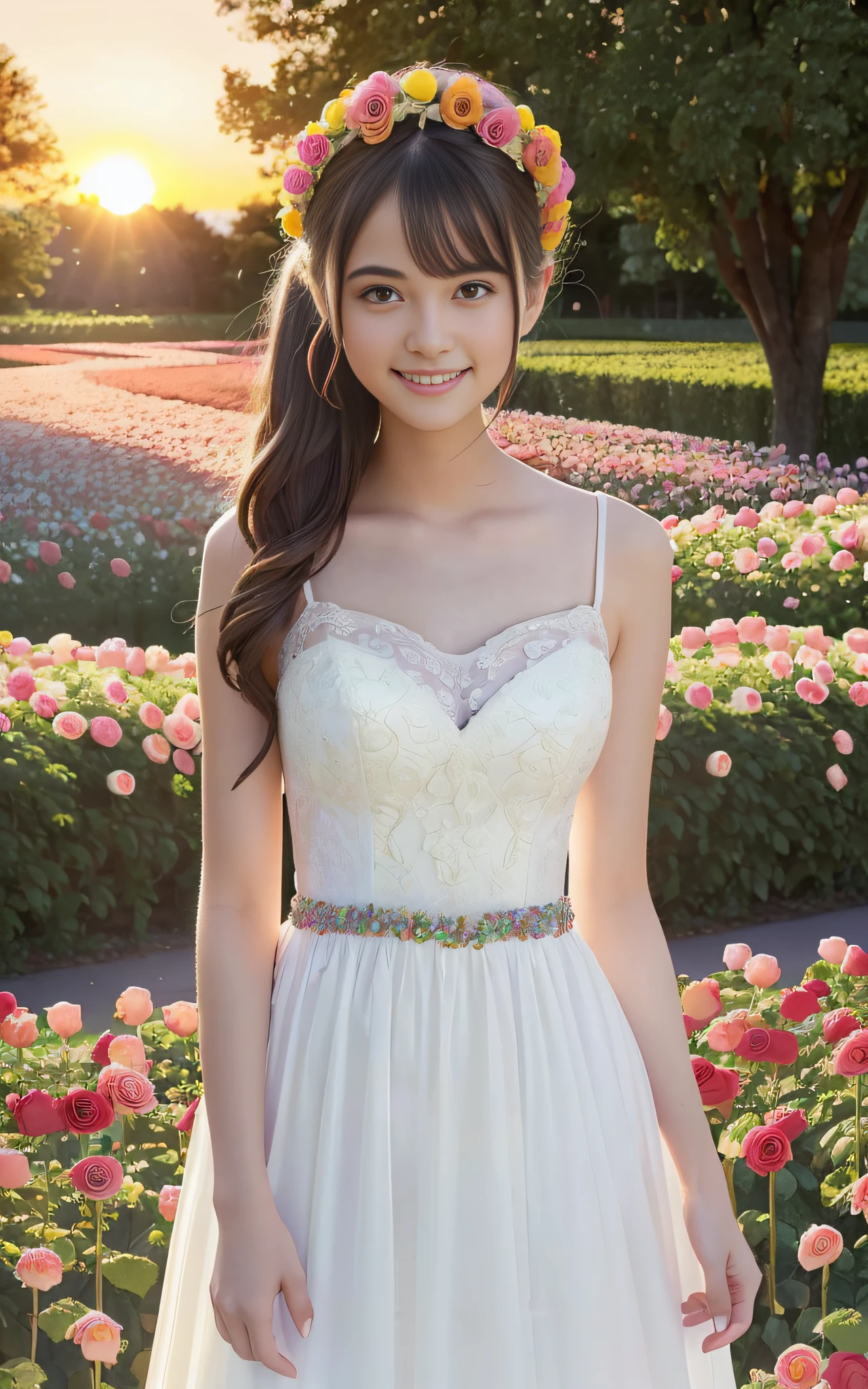 Full body photo,((((Slim body)))),20 years old, twilight rays, , wedding dress, flower crown, ((Rose tunnel)), rose front bokeh, bokeh, photorealistic, surrounded by colorful roses, ((((smiling)))))), (1 girl), (Sunset:1.3), (8k, RAW photography, best quality, masterpiece:1.2), (realistic, photorealistic:1.37), Best Quality, Ultra High Definition,(Standing in a Flower Garden:1.3), (Bright and Colorful:1.3)