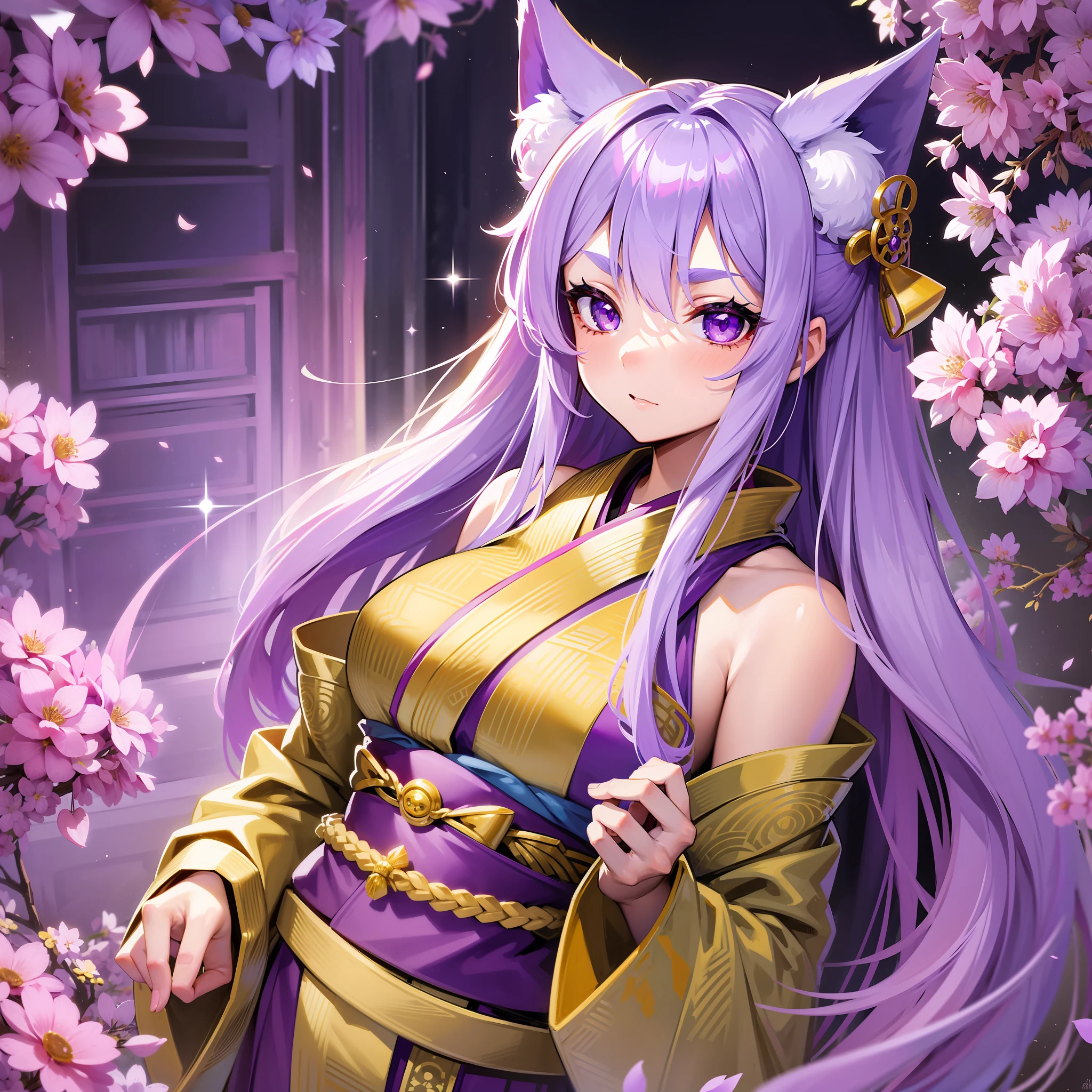 Character design, same character different poses, a girl, 18 years old, 1.60 meters tall, Hair: Long and silky silver with bluish reflections, with fox ears protruding from her head.
Eyes: Bright and almond-shaped violet with golden flashes.
Tail: A fluffy, multi-colored fox tail that intertwines with its hair. Traditional Kimono: Wear an elegant silk kimono with flower patterns and soft colors, such as white, light pink, and lilac. The kimono is decorated with gold embroidery and a sash of the same shade as her hair.
Accessories: She wears a gold-colored obi (wide belt) with tassels, and uses ribbons and bows in her hair to highlight her playful appearance, Enigmatic look: Her violet eyes shine with a mysterious aura, revealing her supernatural nature and her connection to the world of arched eyebrows: Her arched eyebrows give her a playful and expressive look,  accentuating its ability to surprise and enchant.