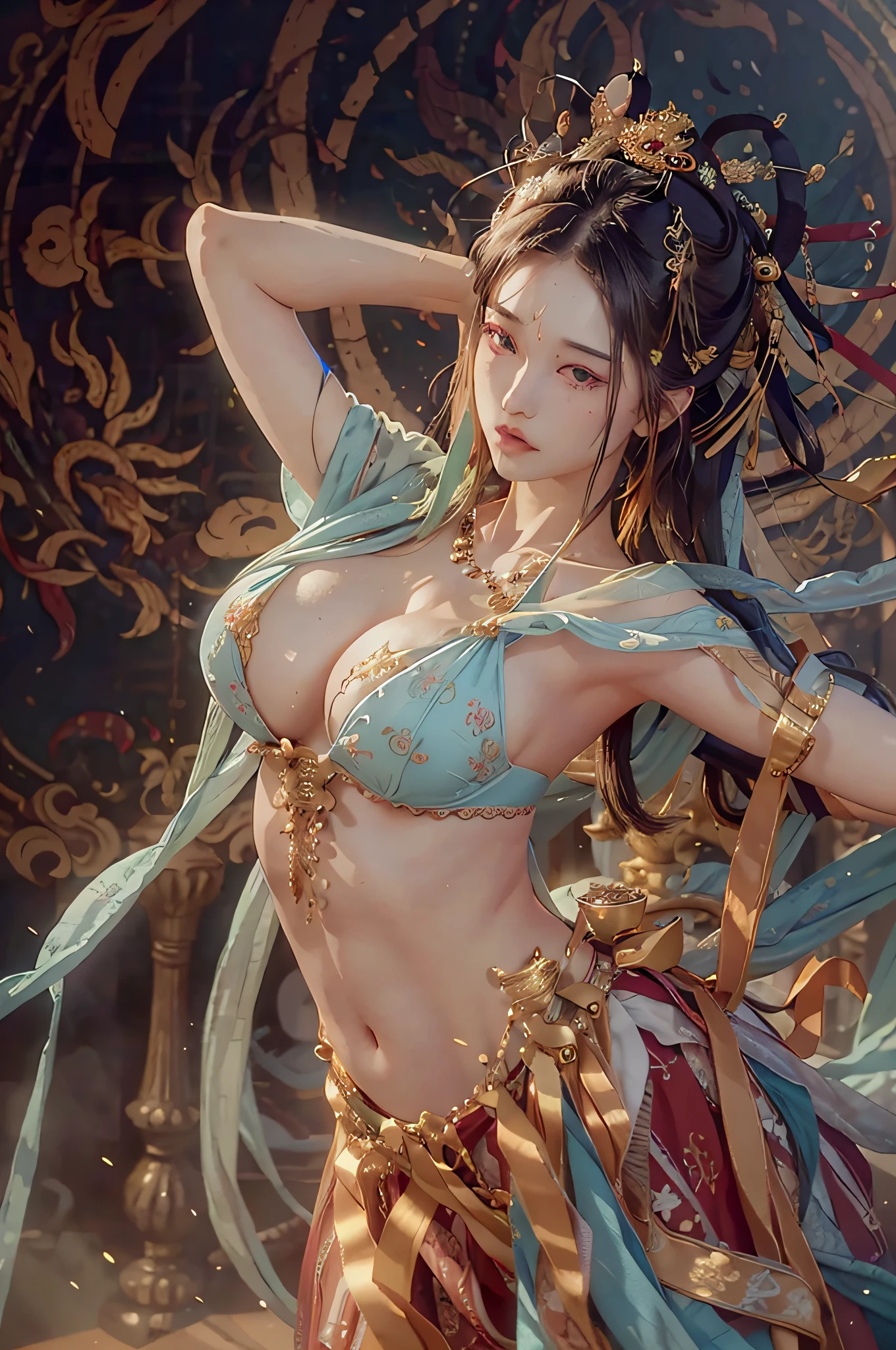 (RAW Photo, Best Quality), (Realistic, Photo Realistic: 1.3), Best Quality, Highly Detailed, Masterpiece, Hyperdetail, Illustration, 1 Girl, upper_body, Dynamic Angle, World Masterpiece Theater, messy_long_hair, Best Quality, Extremely Detailed CG Uniform 8k Wallpaper, Ink, Amazing, Cinematic Lighting, lens_flare,, dunhuang_style, Dragon, Bikini, Boob Plump