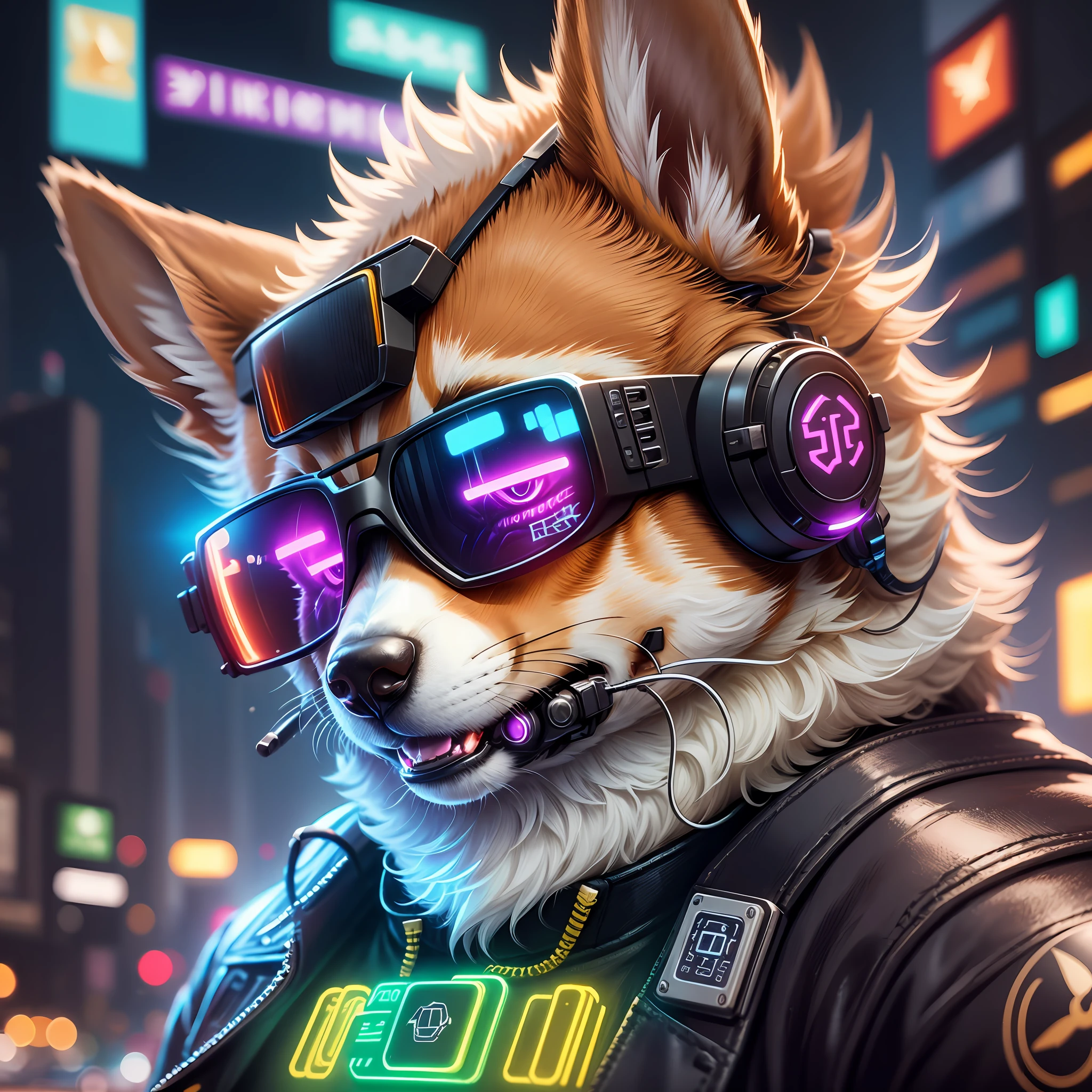 Outstanding, best quality, 8K wallpaper, only close-up of head corgi wearing mechanical device with sunglasses, digital cyberpunk style, neon sign, close-up, --auto --s2