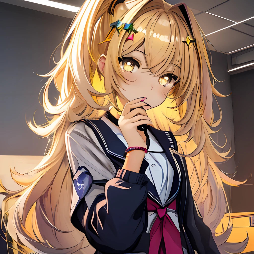 {1 High School Girl} {3D HDTV Background} {Pichi Pichi Gal} {Loose Socks}{Beautiful nail polish on your fingers} {Glittering yellow eyes} {Reproduce glittering yellow cutie long hair} {Super High Quality} {Super Awesome} {School Uniform High School Student Miniskirt} {Bracelet}{Daytime High School Girl} {Maiden High School Girl in Love} {Detailed expression of fingers} {Symmetrical eye finish Clearly depict small reflections of white light in the pupils, which adds depth to the pupils} {upper body only} {Attractive Mature Women}