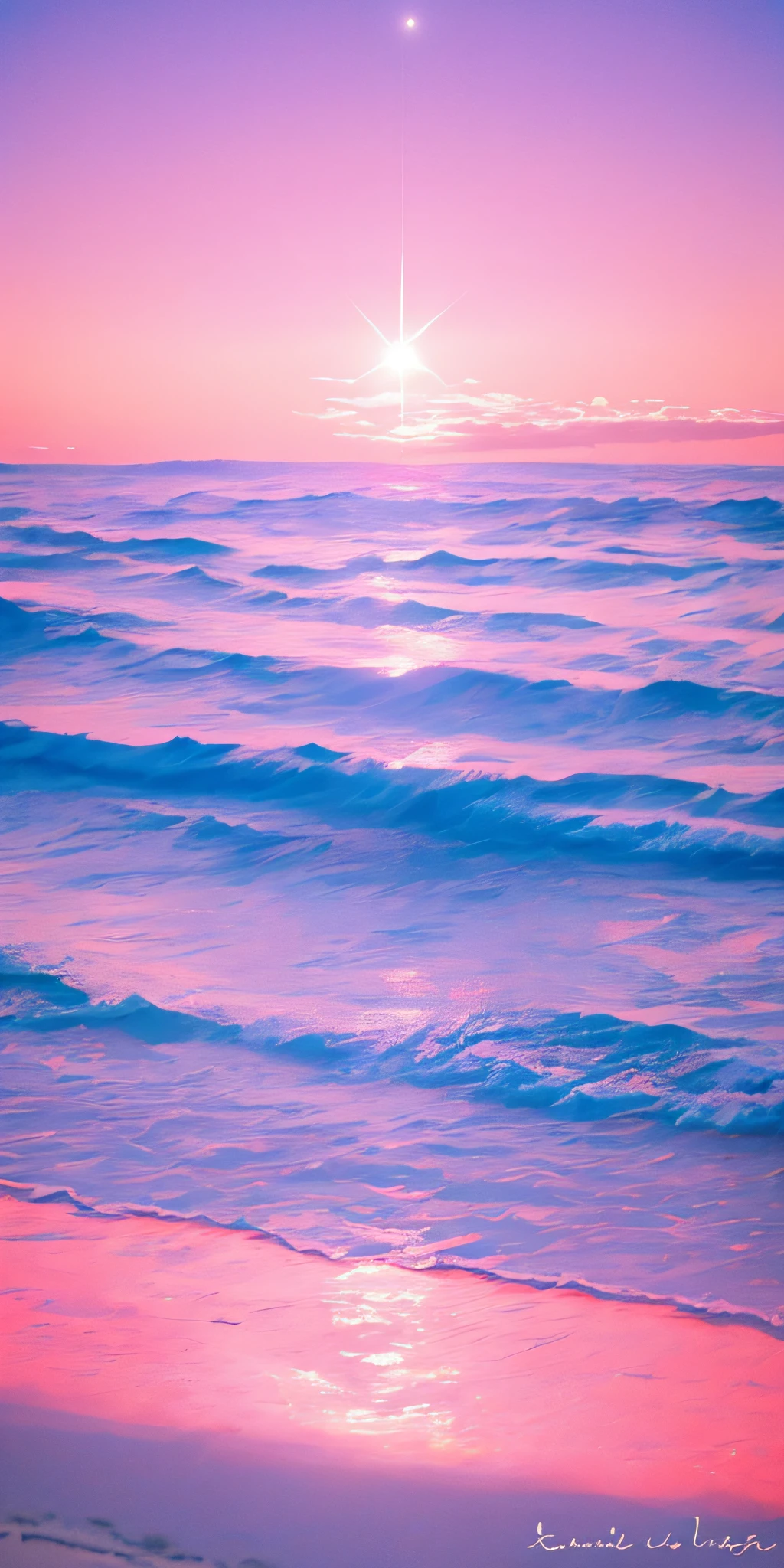 Pink moon, pink sky, soft pink clouds, pink ocean waves sparkling, sparkling, pink roses on pink ocean, fantasy, diamond, crown, universe, soft lights,