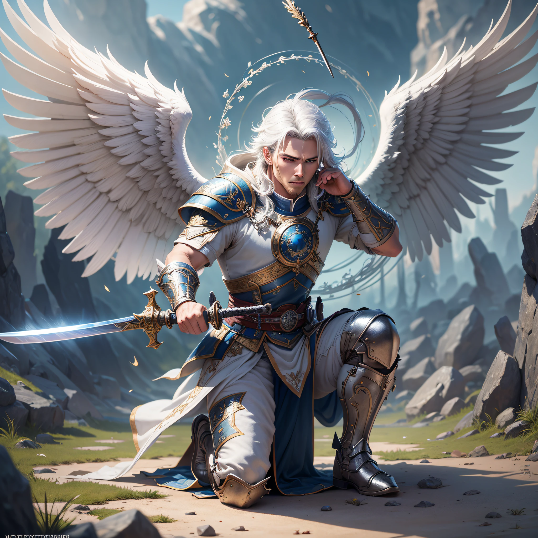 kneeling in fighting position, sword set on the ground side angle ((best quality)), ((masterpiece)), (detailed), 1 perfect man, with perfect hands and fingers, whole body, Michael, angel, with countenance of determination, athletic body with epic warrior robes, angel wings, white hair, ready to fight, outdoors, lush blue sky, with sword in hand masterpiece,  best quality, high quality, 8k extremely detailed CG unit wallpaper, award-winning photography, Bokeh, Depth of Field, HDR, bloom, chromatic aberration, photorealistic, extremely detailed, trend in artstation, trend in CGsociety, intricate, high detail, dramatic, art in the middle of the journey, volumetric lighting --auto --s2