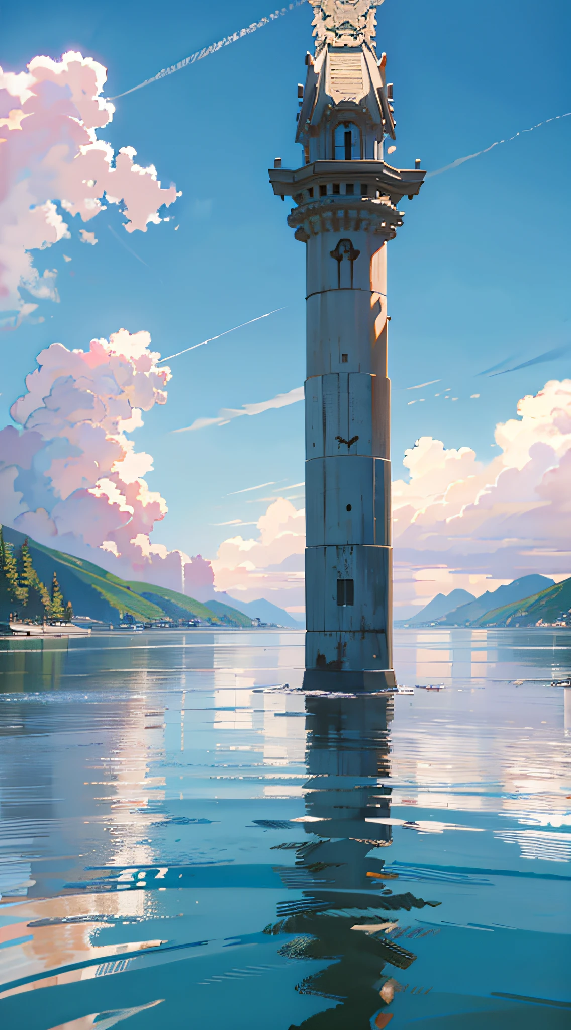 no humans, scenery, vanishing point, from below, masterpiece, best quality, 8k, absurdres, water surface, summer, noon, sunlight, blue sky, perspective, depth of field, highres, finely detail, ultra-detailed, sharp focus