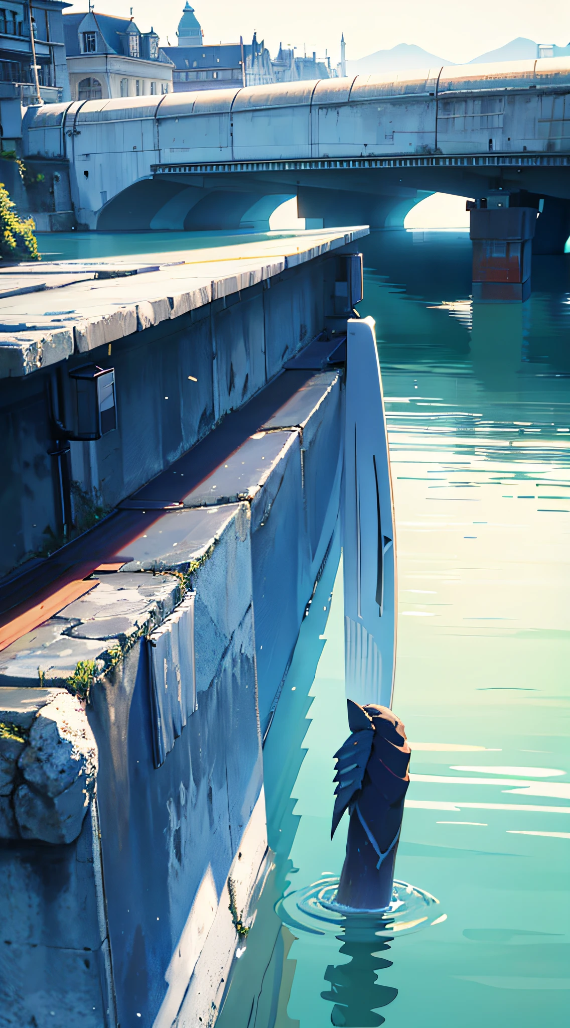no humans, scenery, vanishing point, from below, masterpiece, best quality, 8k, absurdres, water surface, summer, noon, sunlight, blue sky, perspective, depth of field, highres, finely detail, ultra-detailed, sharp focus