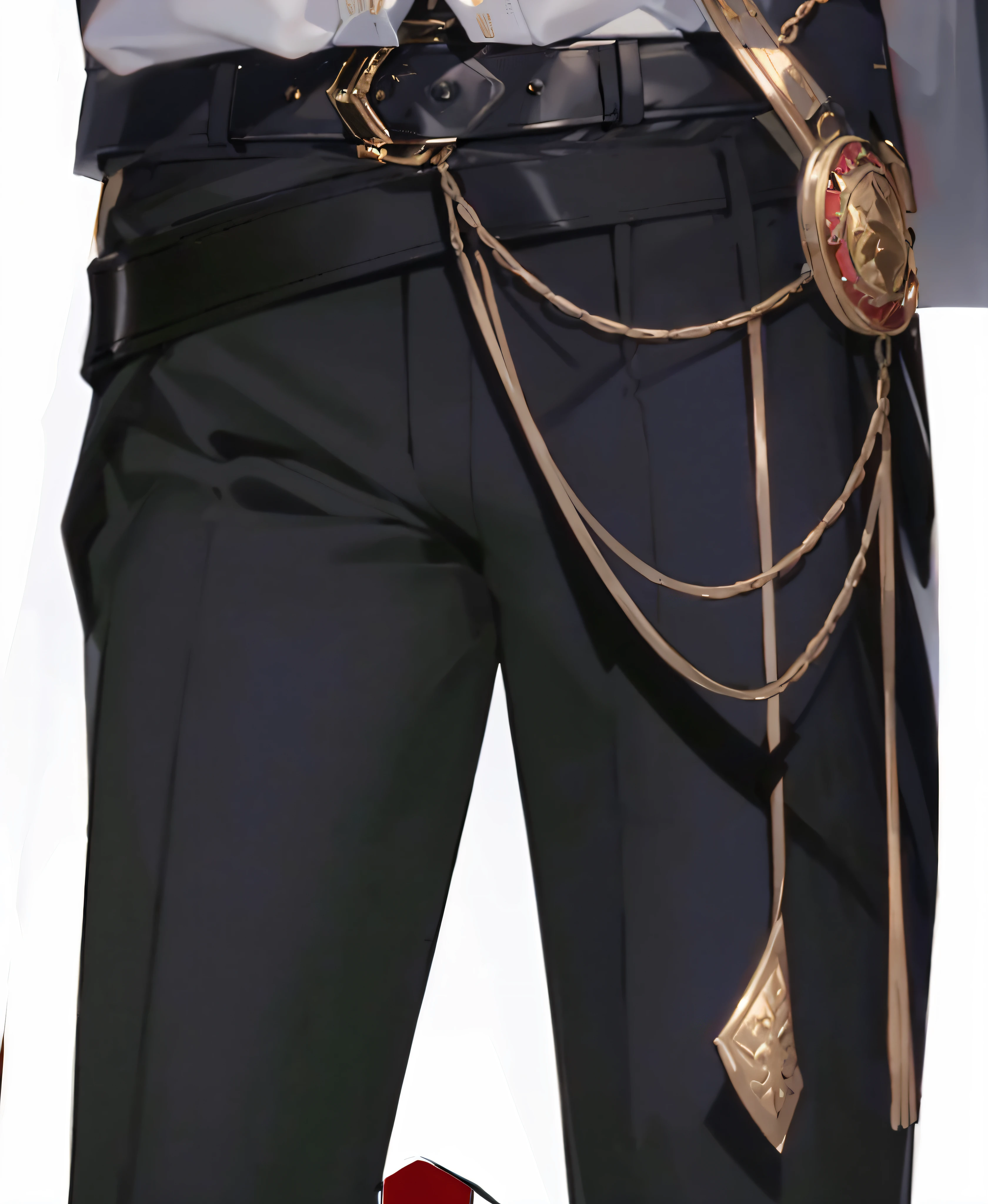There is a man in uniform, wearing a belt and tie, full body close-up, extra details More details, high resolution details, full body details, gilded black uniform, incredibly sharp details, movie details, very sharp details, close-up details, flawless details, fine details, detail rendering, extra details, very detailed and rich clothing, metal chain,