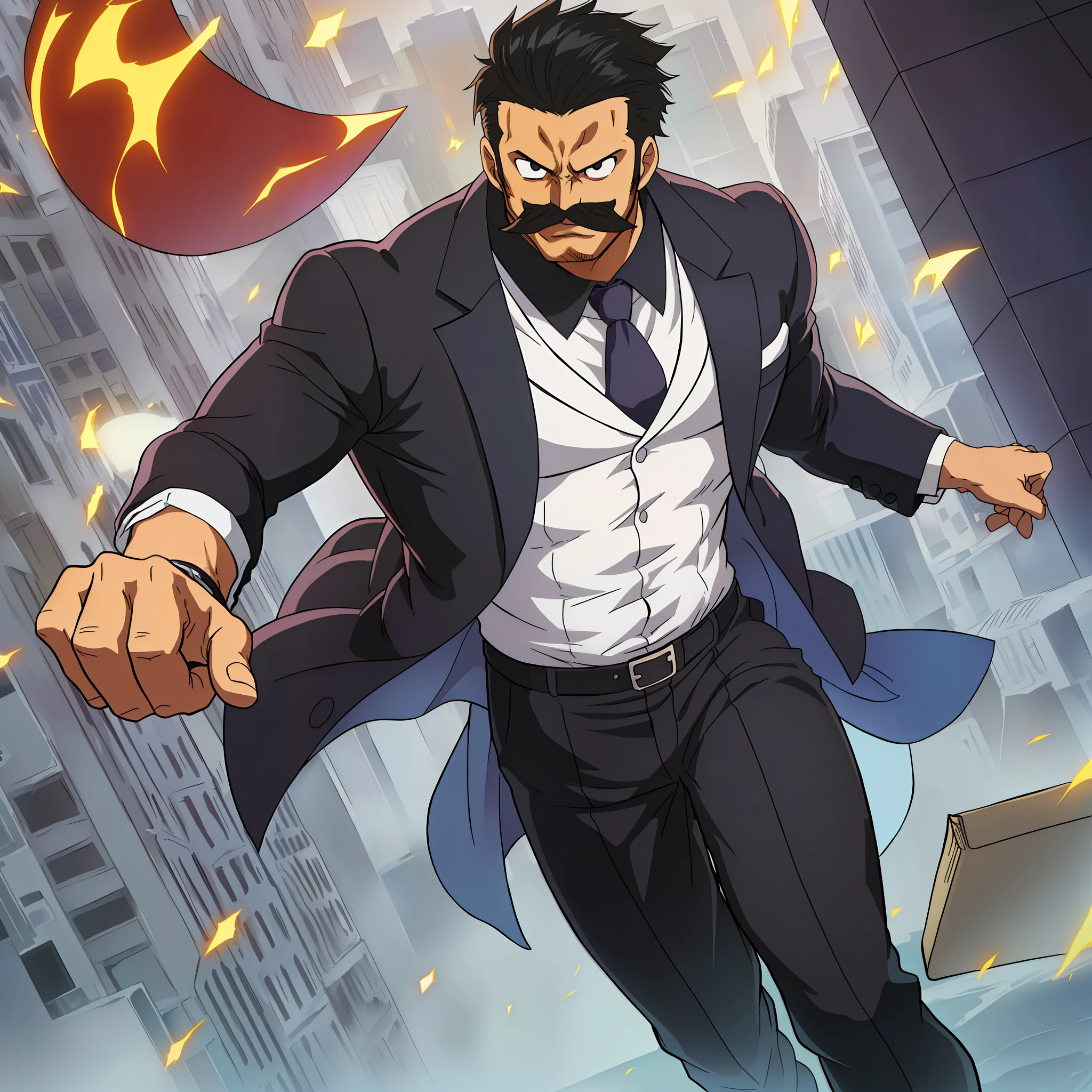 Very muscular character, in a suit, with muscles jumping out of the suit, black hair and large white mustache, with an open book in his right hand.