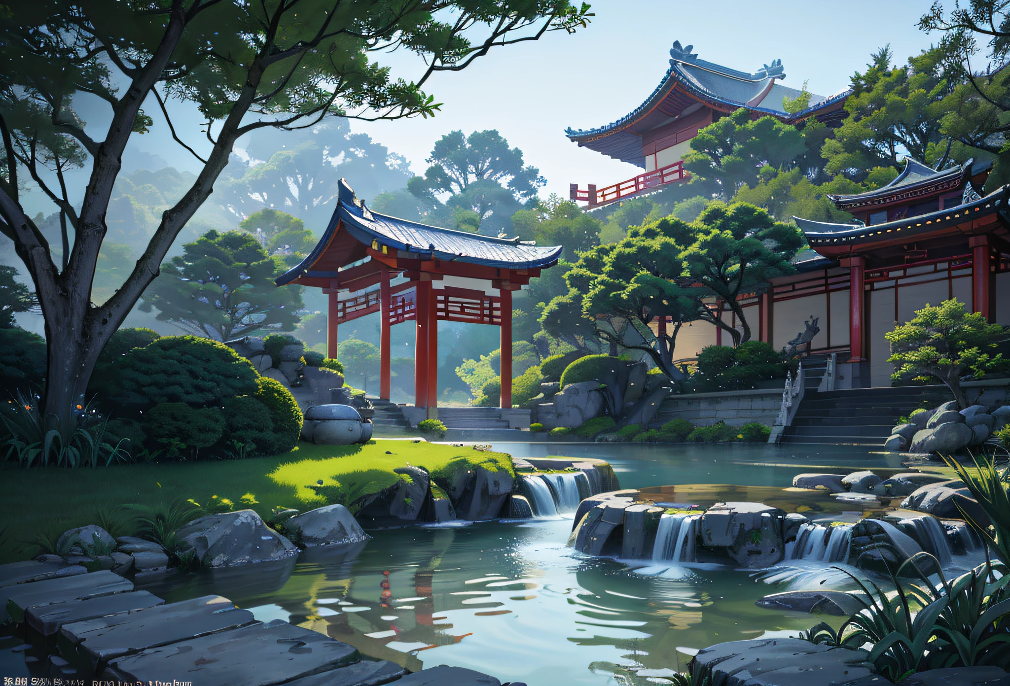 Ancient Chinese architecture, cool colors, dark night, moon, garden, bamboo, lake, stone bridge, rockery, arch, corner, tree, running water, landscape, outdoor, waterfall, grass, rock, dense fog, (Illustration: 1.0) , Epic Composition, HD Details, Masterpiece, Best Quality, (Very Detailed CG Unity 8k Wallpapers) --v 6