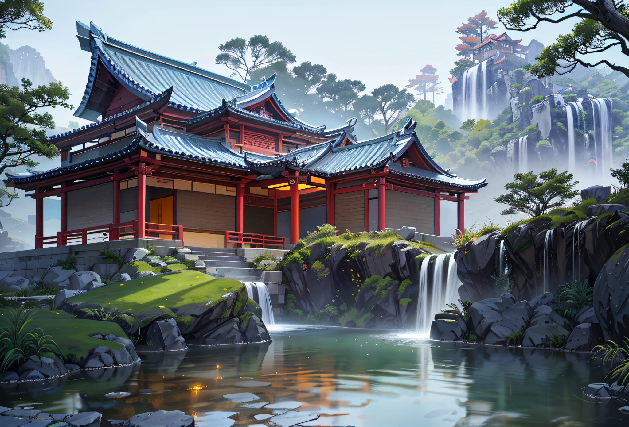 Ancient Chinese architecture, cool colors, dark night, moon, garden, bamboo, lake, stone bridge, rockery, arch, corner, tree, running water, landscape, outdoor, waterfall, grass, rock, dense fog, (Illustration: 1.0) , Epic Composition, HD Details, Masterpiece, Best Quality, (Very Detailed CG Unity 8k Wallpapers) --v 6