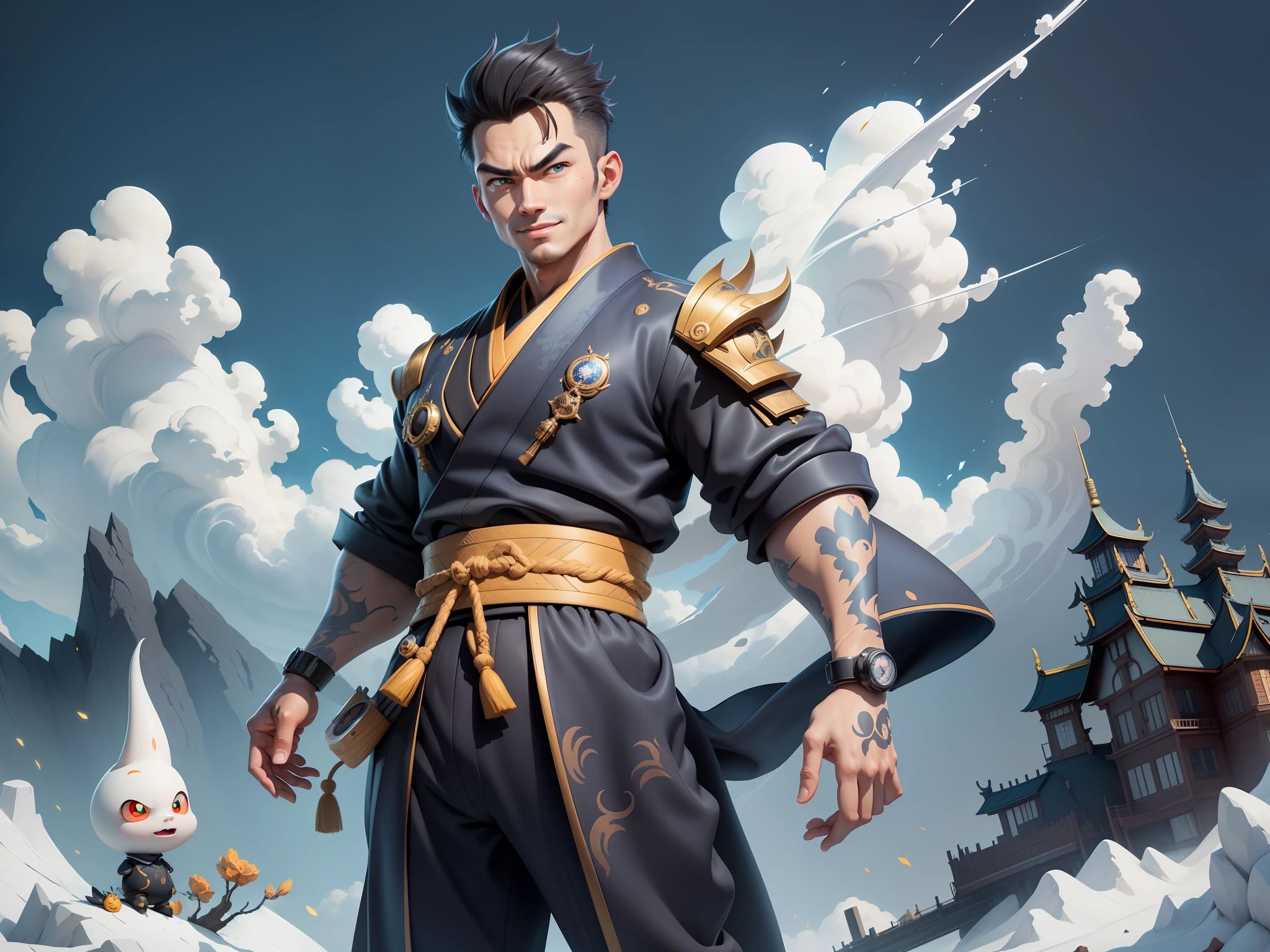 (Masterpiece), (Extreme Quality), (Super Meticulous), (Full Body: 1.2), Super Young Man, Oriental Face, Japanese Kimono, Japanese Wind and Thunder, Japanese Ascension Dragon, Cloud, Sky, Dragon, Tongue, Outdoor, Sky, Building, Cloudy Sky, City, Blue Eyes, Open Mouth, Teeth, Horn, Glow, TV Anchor, Bust Portrait Illustration, Alone, Black Suit, Blue Tie, Slightly Chubby, Very Clean Face, No Beard, Black Super Short Hair, Black Eyes, Confident Smile, 3C Computer Sub-Products, iPad, iPhone, digital painting, 3D character design by Akira Toriyama and Mark Claireden and Pixar and Hayao Miyazaki, the illustrations are HD illustrations in 4K resolution with very detailed facial features and cartoon-style visuals.