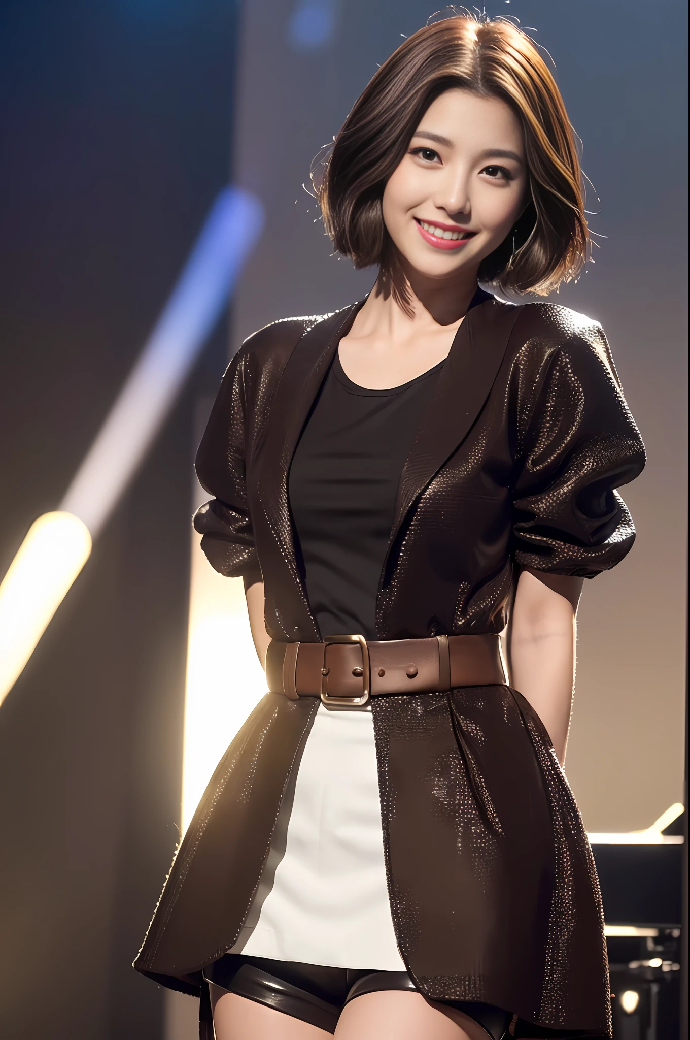 ((Realistic lighting, Best quality, 8K, Masterpiece: 1.3)), Clear focus: 1.2, 1girl, Perfect beauty: 1.4, ((Dark brown hair, short hair)), (JK outfit: 1.4), (In the live room: 1.8), Super fine face, fine eyes, smile