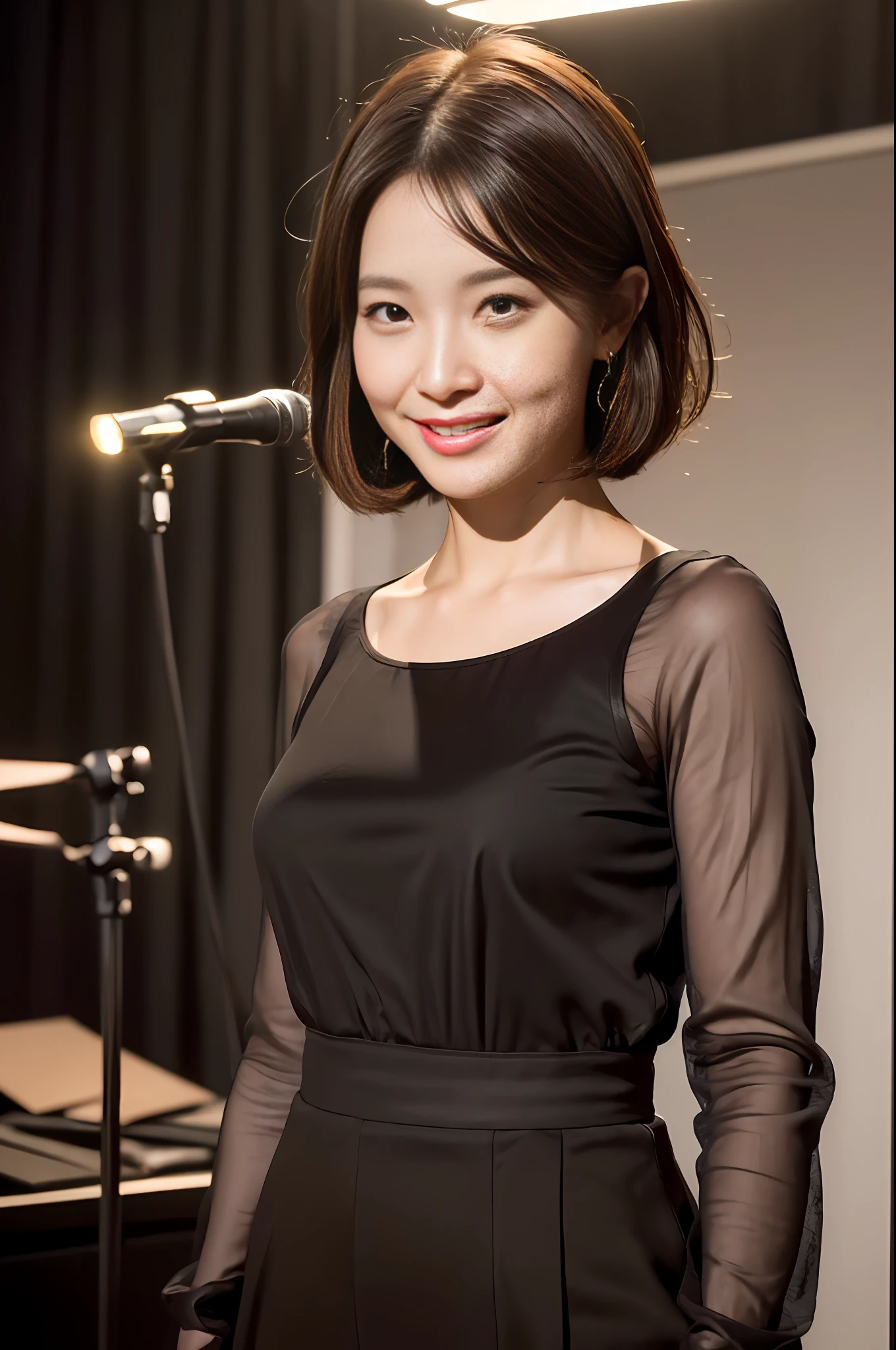 ((Realistic lighting, Best quality, 8K, Masterpiece: 1.3)), Clear focus: 1.2, 1girl, Perfect beauty: 1.4, ((Dark brown hair, short hair)), (JK outfit: 1.4), (In the live room: 1.8), Super fine face, fine eyes, smile