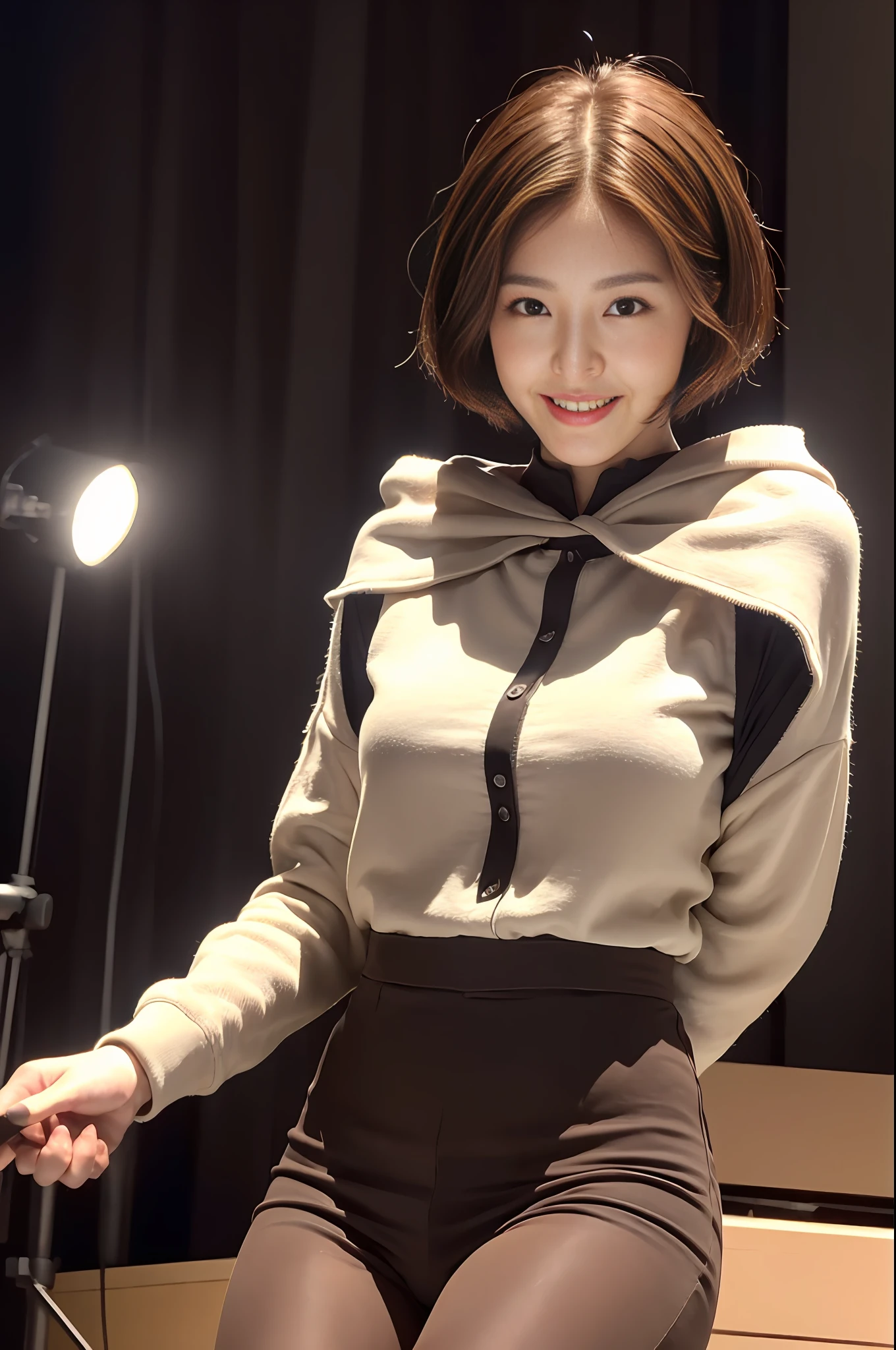 ((Realistic lighting, Best quality, 8K, Masterpiece: 1.3)), Clear focus: 1.2, 1girl, Perfect beauty: 1.4, ((Dark brown hair, short hair)), (JK outfit: 1.4), (In the live room: 1.8), Super fine face, fine eyes, smile