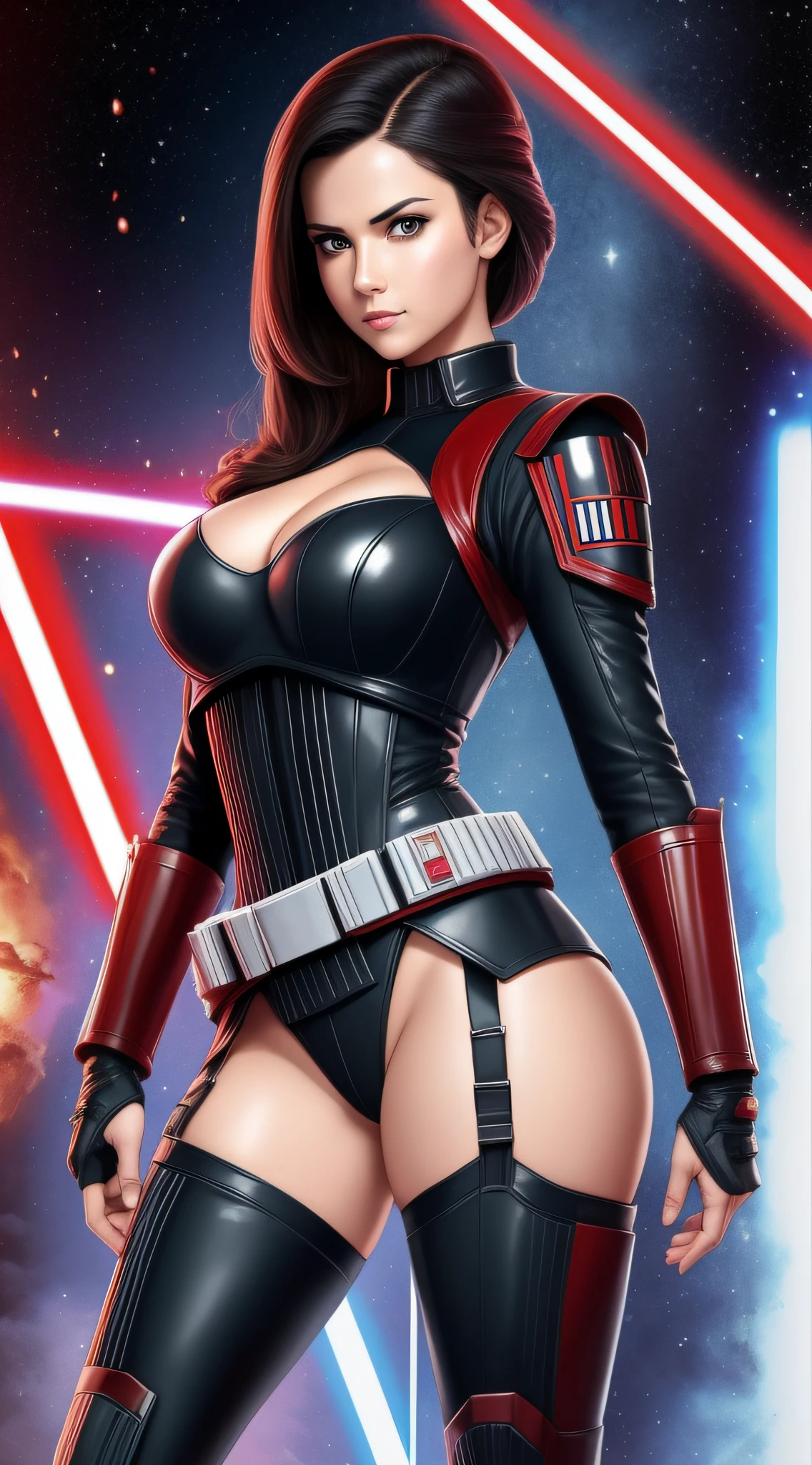 Star Wars poster, a close up of a woman in a imperial army uniform posing for a picture, sexy look, tight outfit, sexy body, sexy girl, full body photo shoot, sexy pose, sexy look at the camera, very sexy, revealing outfit, tease