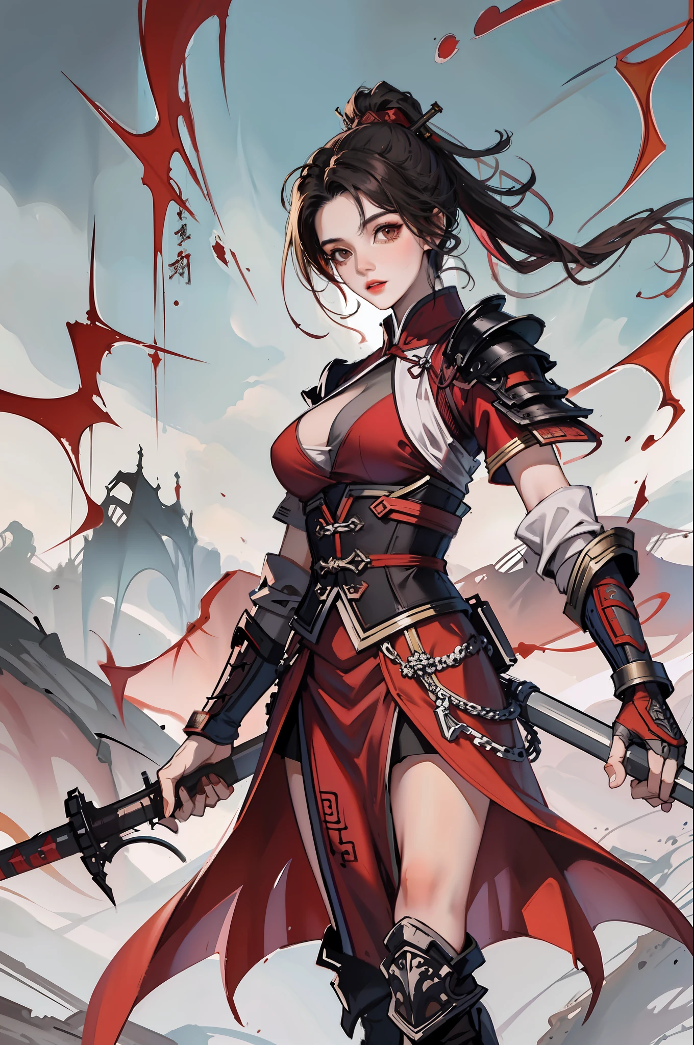 Chinese style, ancient battlefield, an ancient Chinese female general, holding a sword in her hand, grim expression, full body, amazing facial features, red robe, armor, boots, yellow sand in the sky, fleeing crowd, firelight, game model, stunning lighting, C4D, OC rendering, cinematic edge light, delicate light, masterpiece, super detailed, epic composition, super HD, high quality, highest quality, 32k