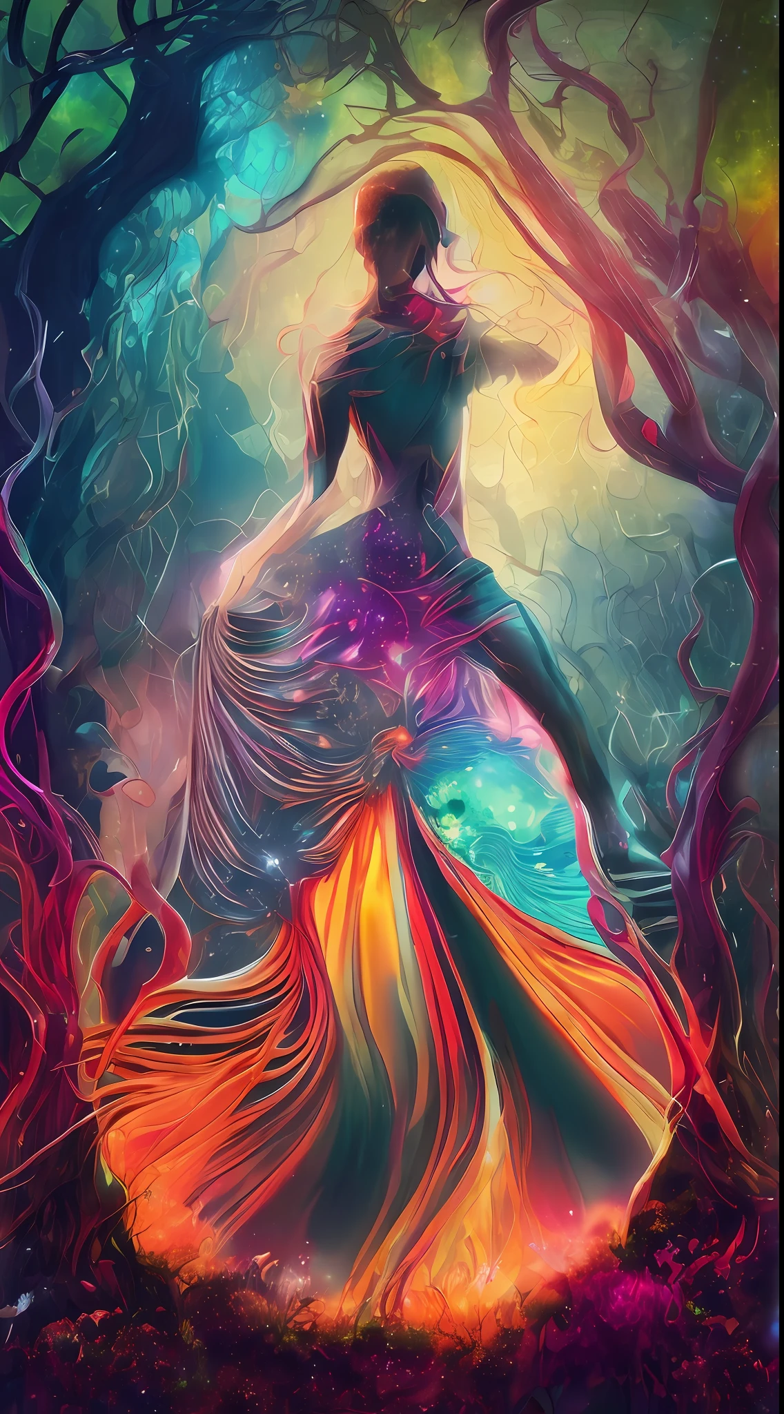 Incredible and spectacular scene, a "((high quality)), (detailed)), ((fantasy)), illustration, perspective (45 degree tilt angle), theme (enchanted forest style), scene elements (handsome boy, beautiful girl), picture quality (3D rendering effect), exquisite details, beautiful lights "emerge from glowing clouds, fractal nebula lines, cosmic entities, celestial bodies, universes, vibrant and vivid, swirling, rotating, impractical, high contrast, co-metabolic, magical, mysterious, mysterious, surreal, Oversaturated, colorful