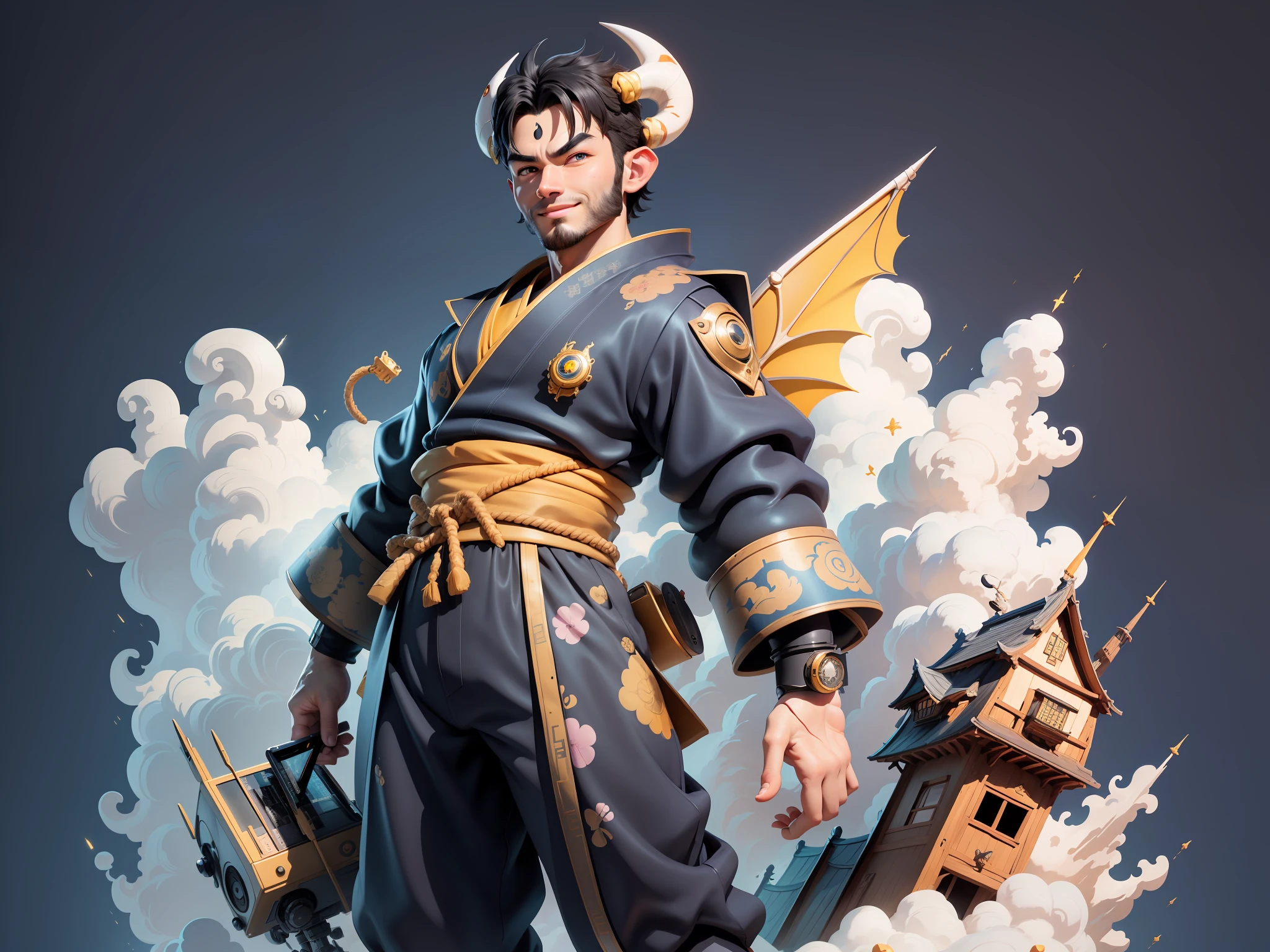 (Masterpiece), (Excellent), (Super Meticulous), (Full Body: 1.2), Super Young Man, Oriental Face, Japanese Kimono, Japanese Wind and Thunder, Japanese Ascension Dragon, Cloud, Sky, Dragon, Tongue, Sky, Building, City, Blue Eyes, Open Mouth, Teeth, Horns, Glow, TV Anchor, Bust Portrait Illustration, Alone, Black Suit, Blue Tie, Slightly Chubby Face, Very Clean Face, No Beard, Black Super Short Hair, Black Eyes, Confident Smile, 3c Computer Sub-Products, iPad, iPhone, Digital painting, 3D character design by Akira Toriyama and Mark Claireden and Pixar and Hayao Miyazaki, the illustrations are HD illustrations in 4K resolution with very detailed facial features and cartoon-style visuals.