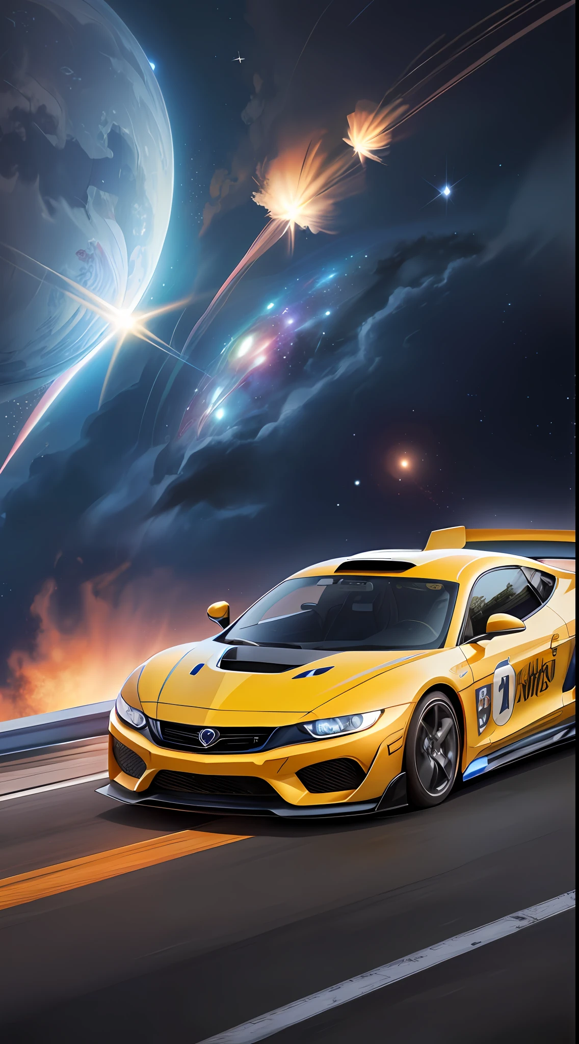 ((blue sports car)) driving on a road with a planet in the background, adrift in space, 3840x2160, 3840 x 2160, sports car, racing car, amazing wallpaper, epic road - travel in outer space, sports car, amazing space creature 4 k, mobile wallpaper, 4 k hd wallpaper c 1 7