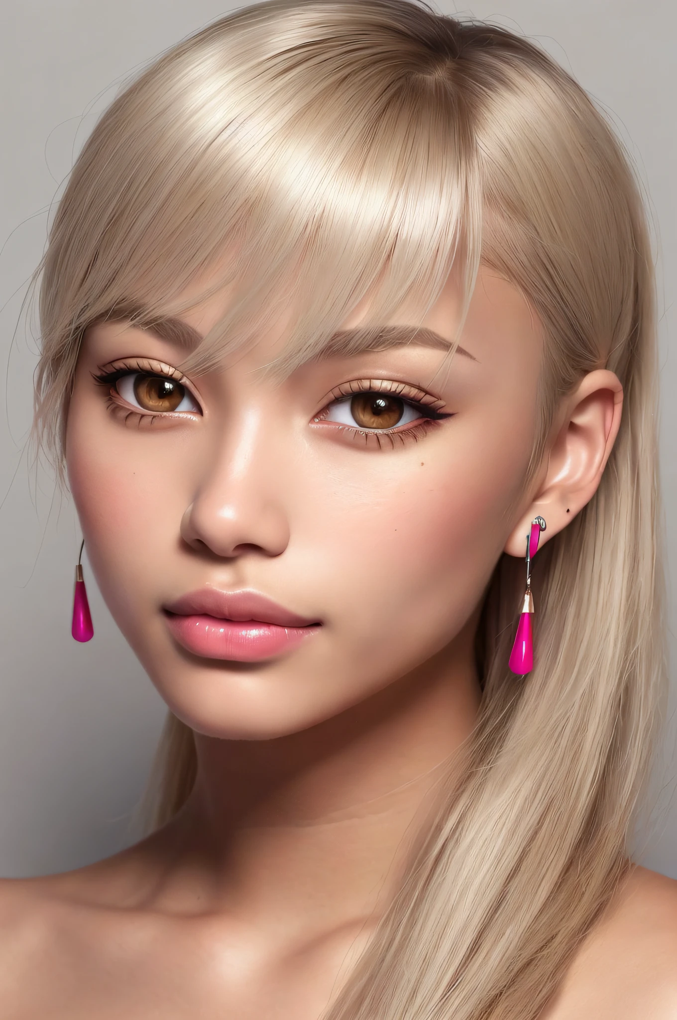 beautiful girl, brown_eyes, ((beautiful slim teenage girl 18 year old, hair color [Platinum blonde hair], [micro bangs] hair)), earrings, lips, realistic, narrow waist, charming, pink lipstick, colorful makeup, long eyelashes, earrings, wearing eyeliner, fair skin, (cute), (detailed face), detailed eyes, detailed iris