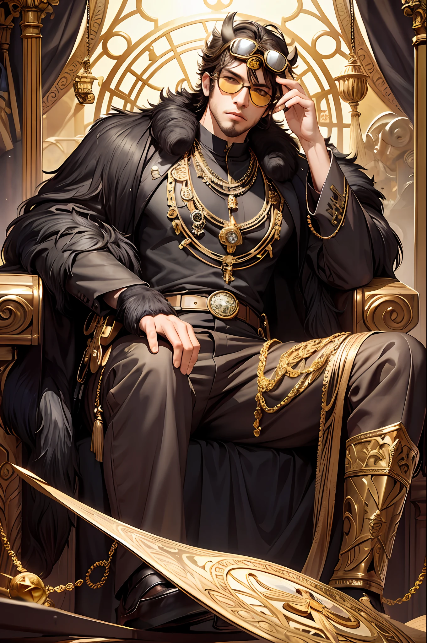 masterpiece, best quality, photorealistic ,fashionmonkey, gorilla, eyewear on head, gears, gem, goggles , gold, jewelry, magic circle,male_focus, owl, pants, shoes, sunglasses, tassel, throne,