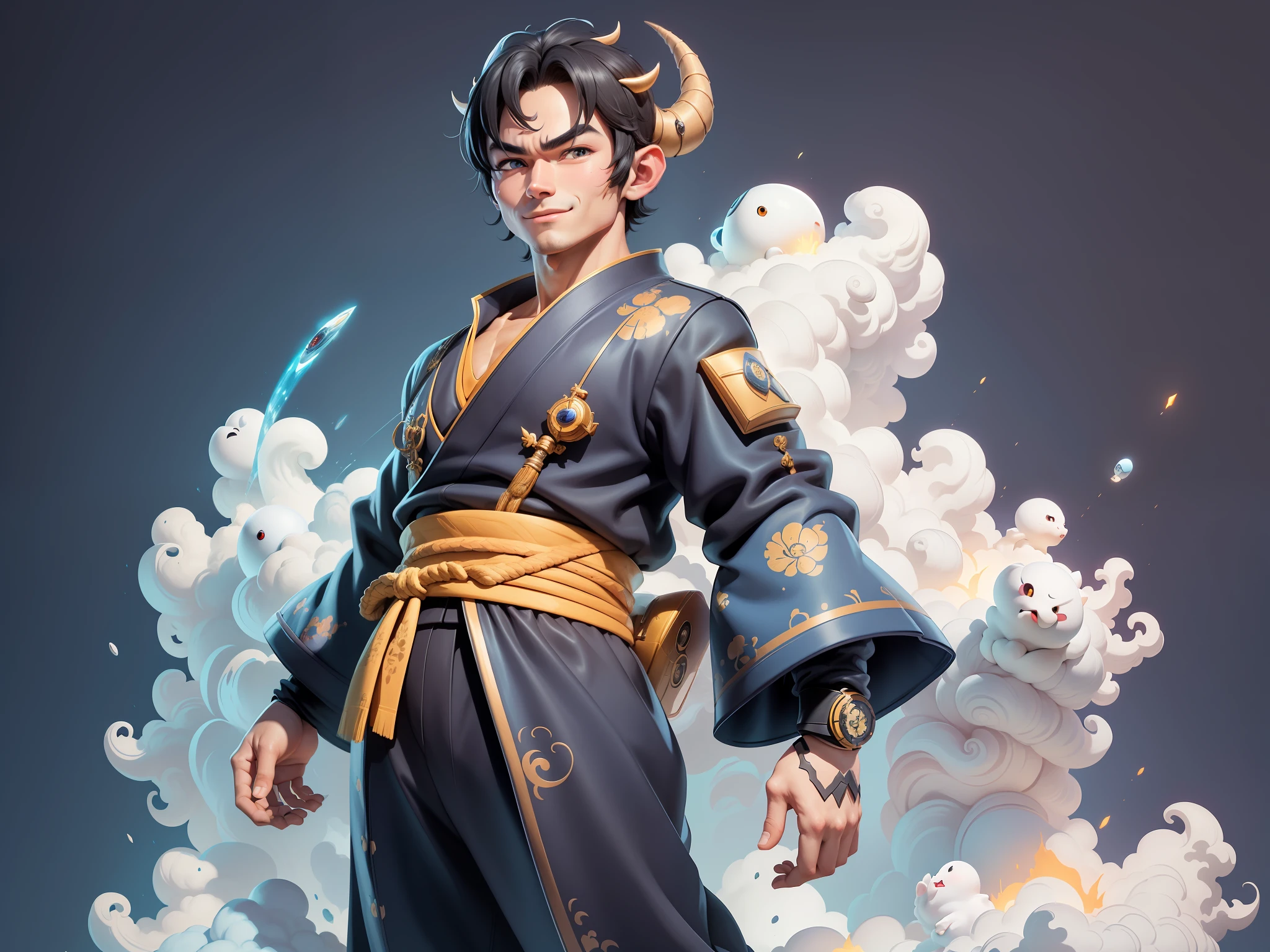 (Masterpiece), (Excellent), (Super Meticulous), (Full Body: 1.2), Super Young Man, Oriental Face, Japanese Kimono, Japanese Wind and Thunder, Japanese Ascension Dragon, Cloud, Sky, Dragon, Tongue, Sky, Building, City, Blue Eyes, Open Mouth, Teeth, Horns, Glow, TV Anchor, Bust Portrait Illustration, Alone, Black Suit, Blue Tie, Slightly Chubby Face, Very Clean Face, No Beard, Black Super Short Hair, Black Eyes, Confident Smile, 3c Computer Sub-Products, iPad, iPhone, Digital painting, 3D character design by Akira Toriyama and Mark Claireden and Pixar and Hayao Miyazaki, the illustrations are HD illustrations in 4K resolution with very detailed facial features and cartoon-style visuals.