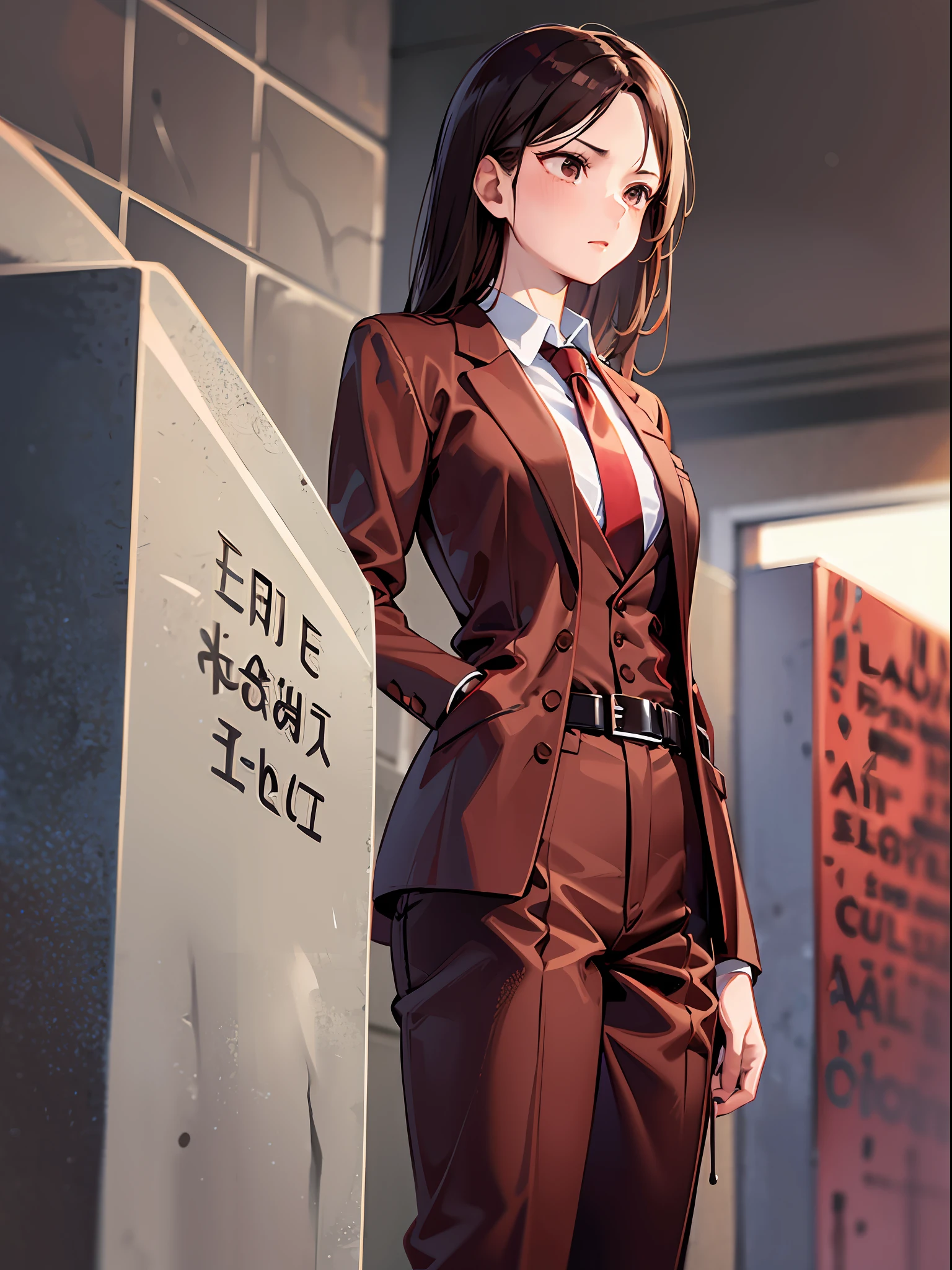 brown medium hair, open red suit, brown button shirt inside, red tie, red waist belt, brown shoes, girl, cemetery