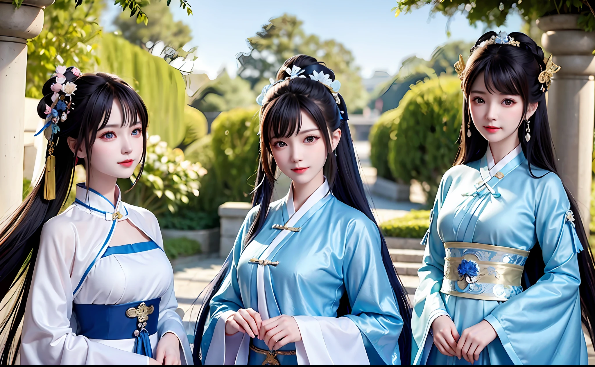 A woman in a blue dress poses for a photo, palace, a girl in Hanfu, wearing ancient Chinese costume, ancient Chinese costume, white Hanfu, traditional Chinese clothing, Hanfu, Ruan family beauty! , ancient Chinese beauty, Chinese girl, inspired by Huang Ji, fairy fantasy, inspired by Gu An, traditional beauty
