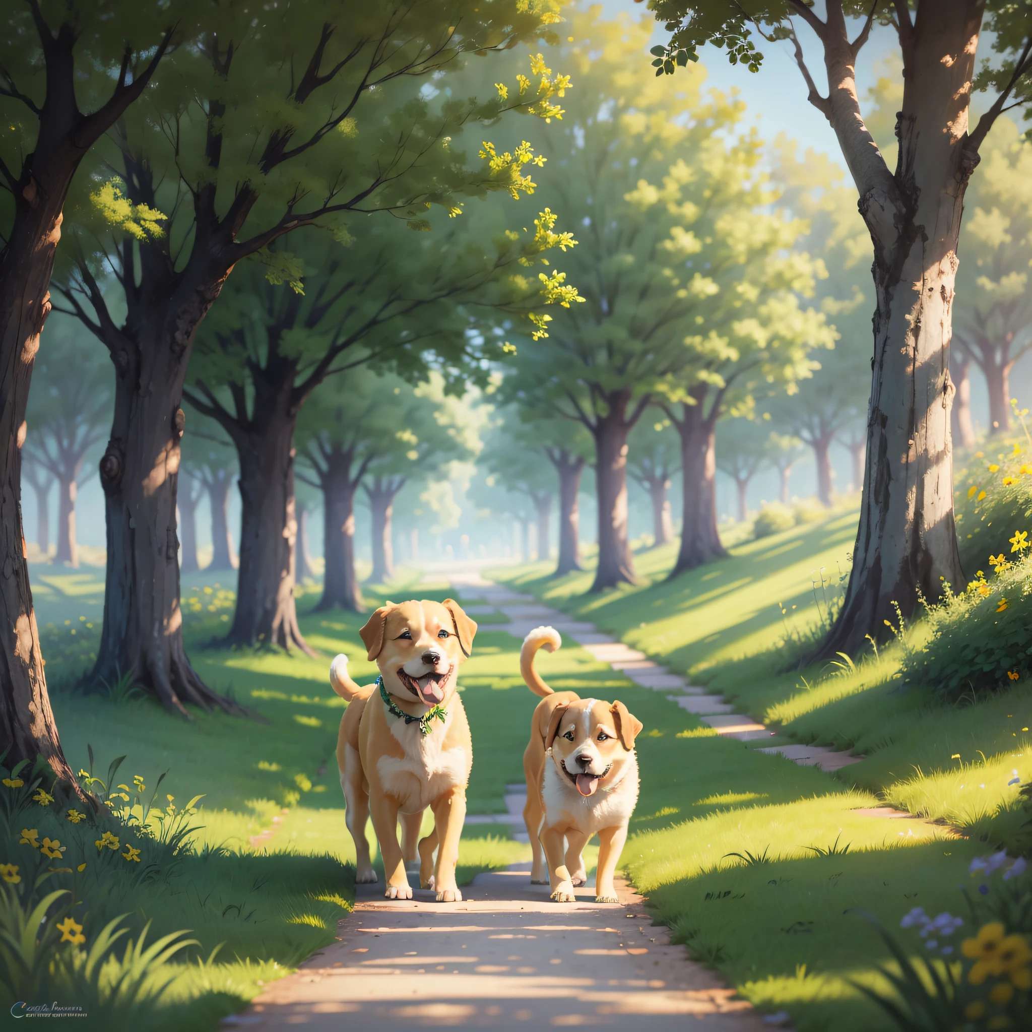 In summer, green grass, fresh and natural, grove, two yellow puppies, carefree walk. --auto --s2