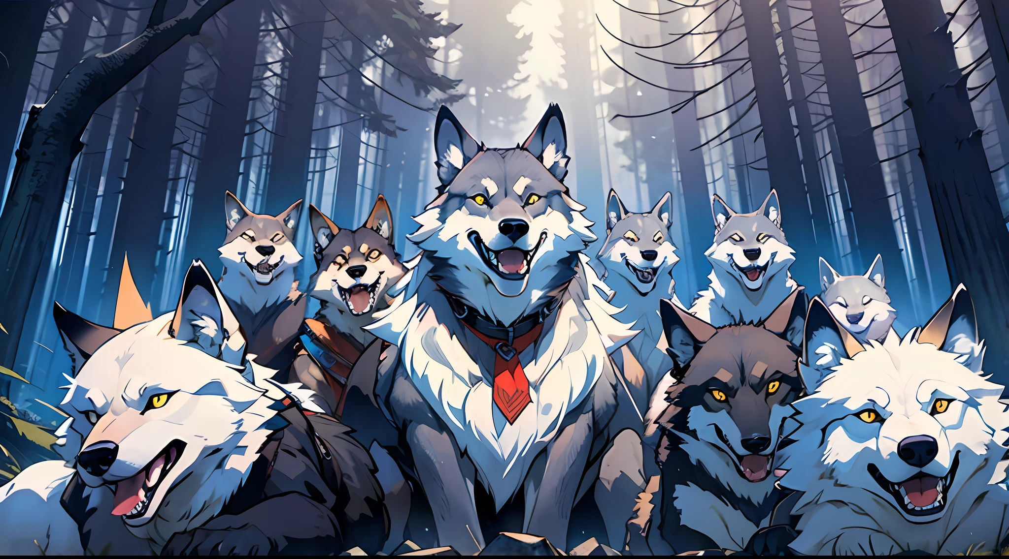 1 giant wolf king, open your mouth, show your canine teeth, your body exudes murderous aura, a group of wolves behind you, the forest, the whole body photo