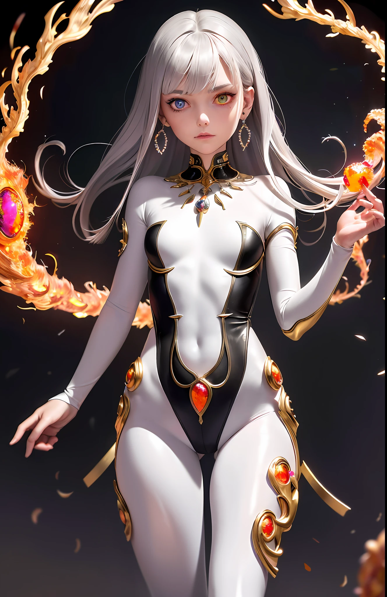 Best, Masterpiece, High Resolution, Best Quality, Ultra HD, Super Detail, Award-Awarded, 16k, (Upper Body), Anatomically Correct, Beautiful Maiden, Gray Hair, Hair Strands, ((Fire Opal-like Heterochromic Pupil)), Hanging Corners, Fair Skin, (Small), (Slim Body), ((Bodysuit)), Stud Earrings, (Neck Ring),