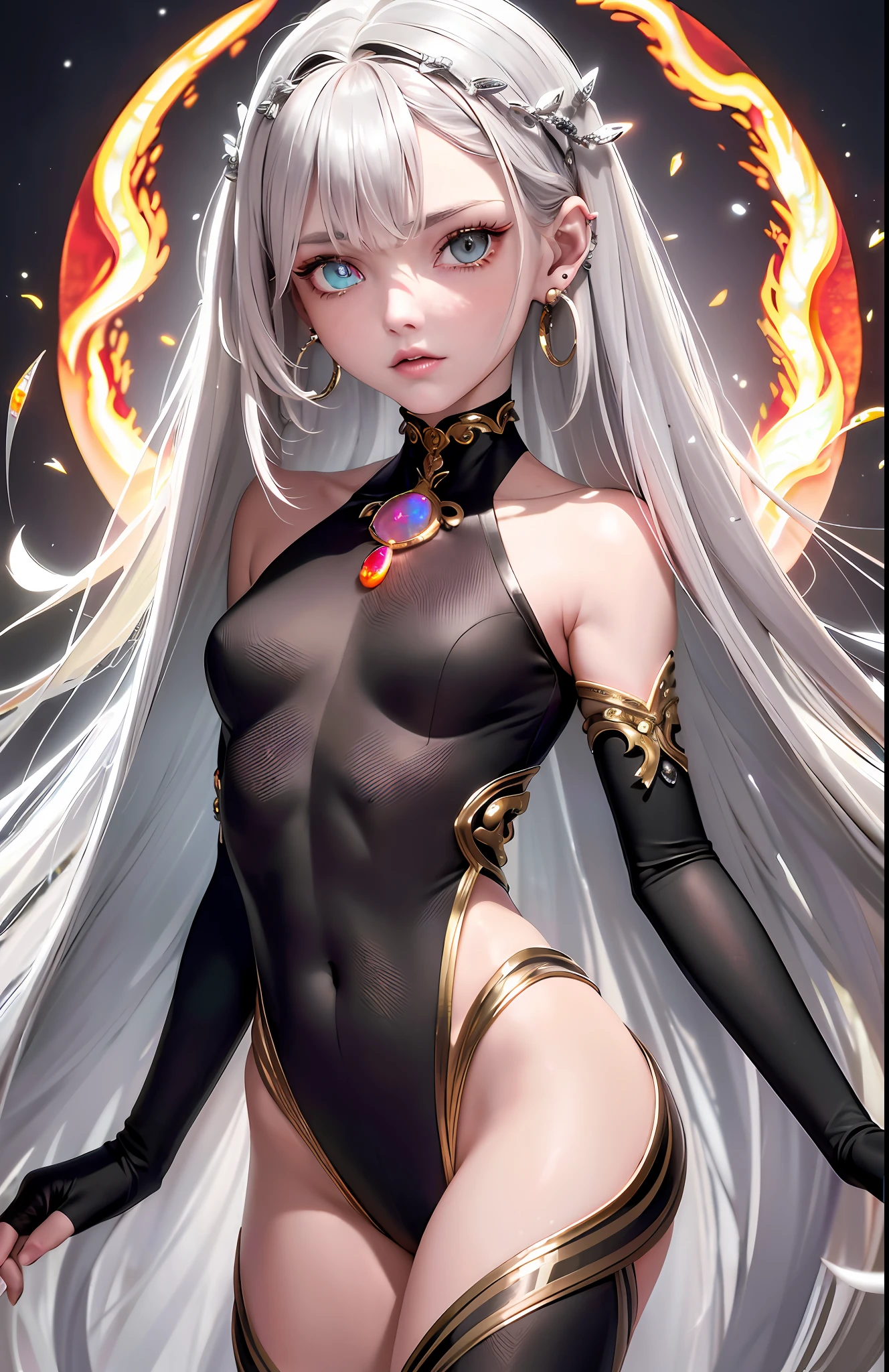 Best, Masterpiece, High Resolution, Best Quality, Ultra HD, Super Detail, Award-Awarded, 16k, (Upper Body), Anatomically Correct, Beautiful Maiden, Gray Hair, Hair Strands, ((Fire Opal-like Heterochromic Pupil)), Hanging Corners, Fair Skin, (Small), (Slim Body), ((Bodysuit)), Stud Earrings, (Neck Ring),