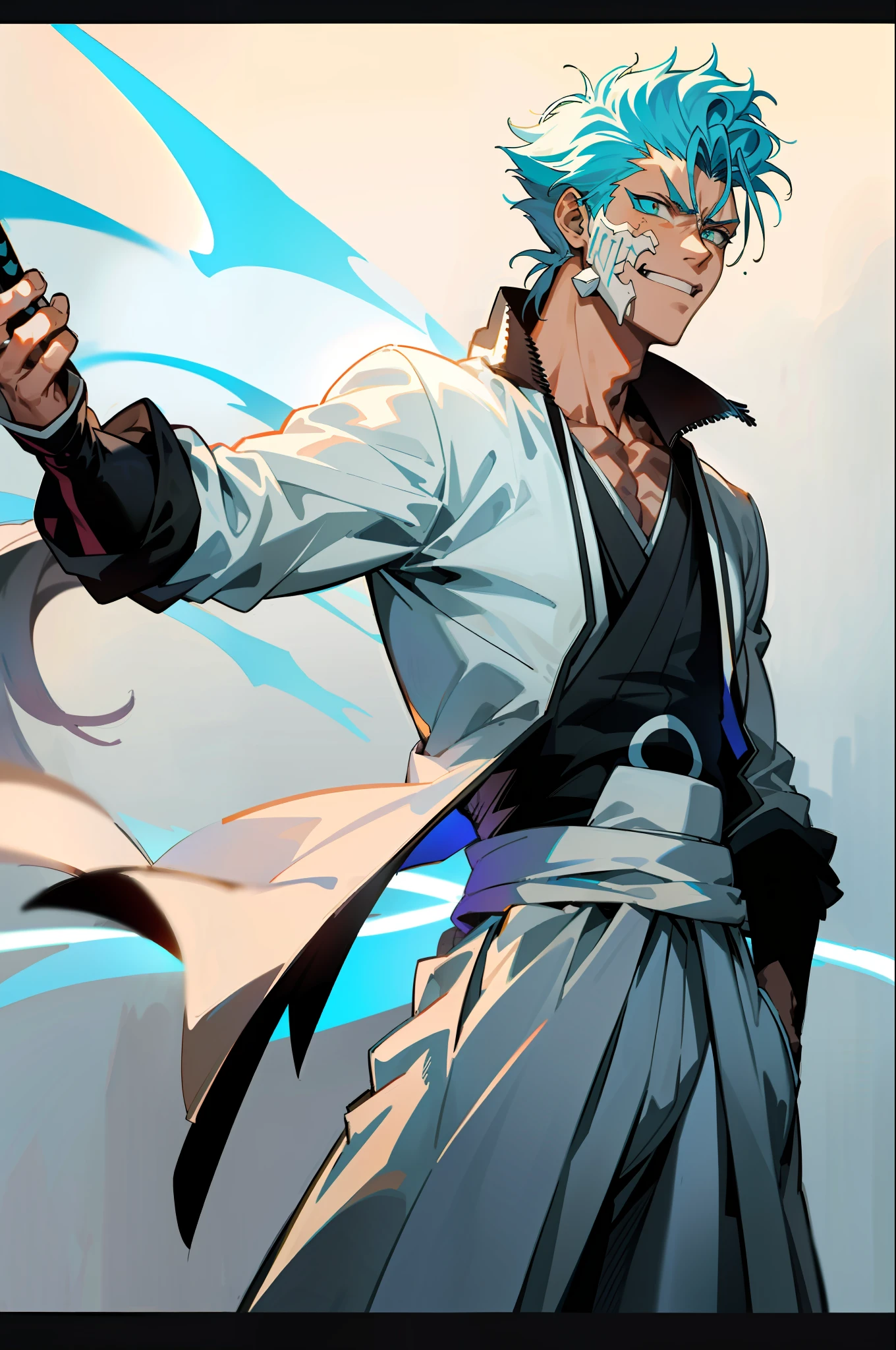 masterpiece, best quality, 1boy, grimmjow jaegerjaquez, at night, night, low light, natural light, fighting pose, white pants, white jacket, smiling with tongue out, damaged clothes, damaged skin, street, japanese street, low light, light rays, aura power, floating particles, doing a power, holding a katana, zanpakutou, angry eyes, angry face, smiling, looking ahead, male focus, strong muscles, movie composition, deth of field, bokeh